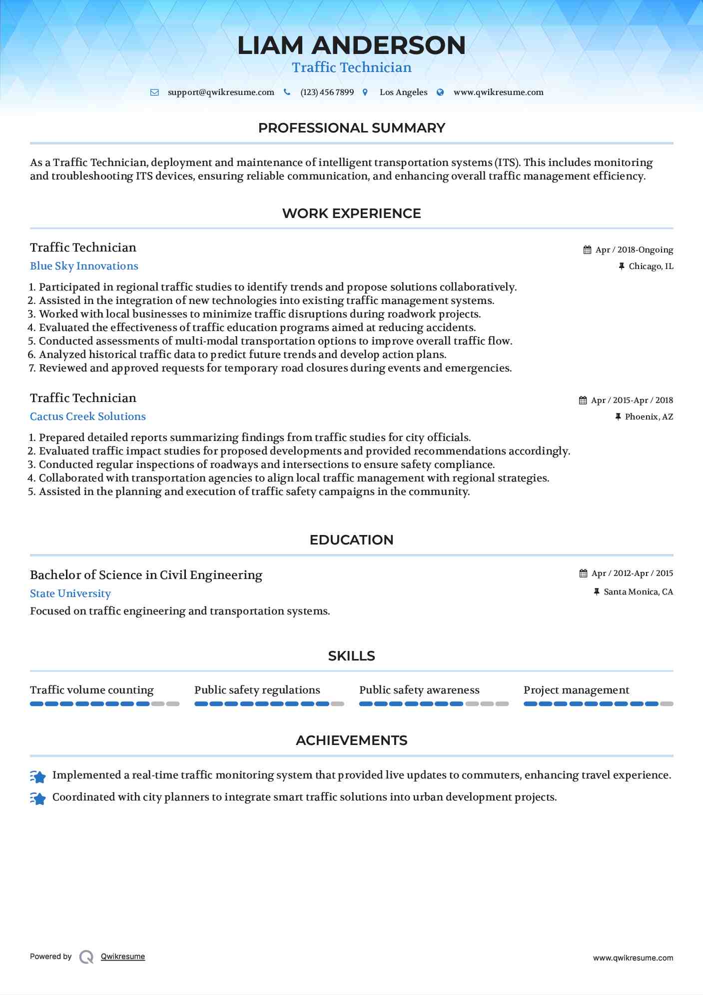 Traffic Technician Resume Model