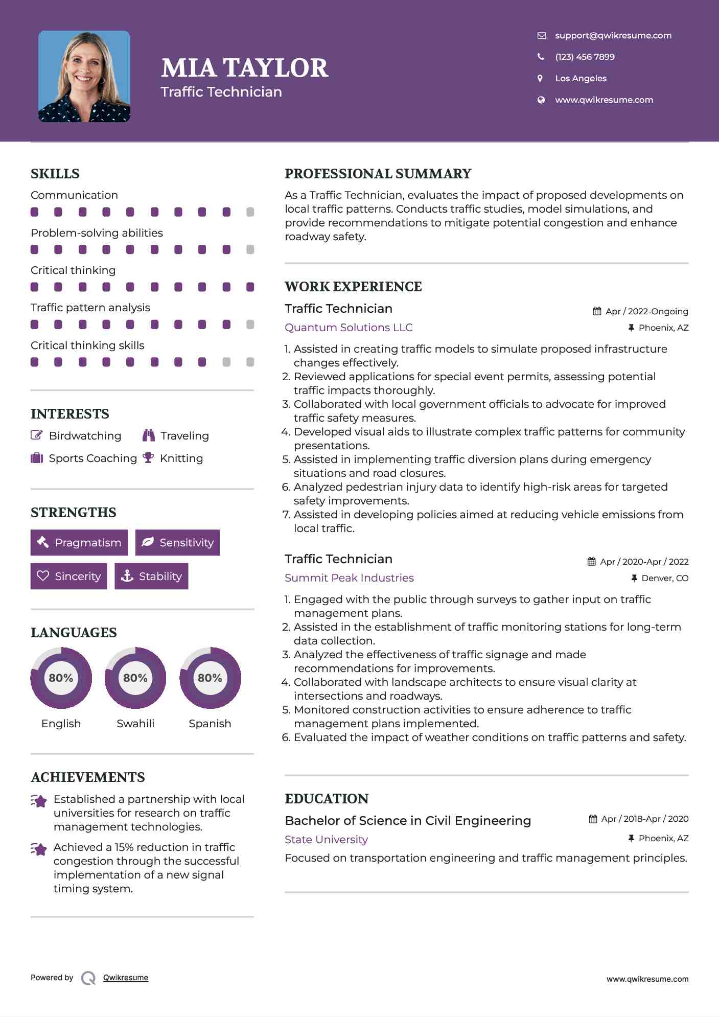 Traffic Technician Resume Template
