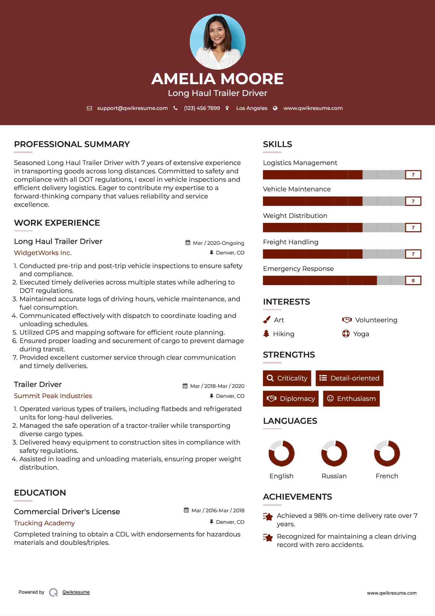 Long Haul Trailer Driver Resume Template
