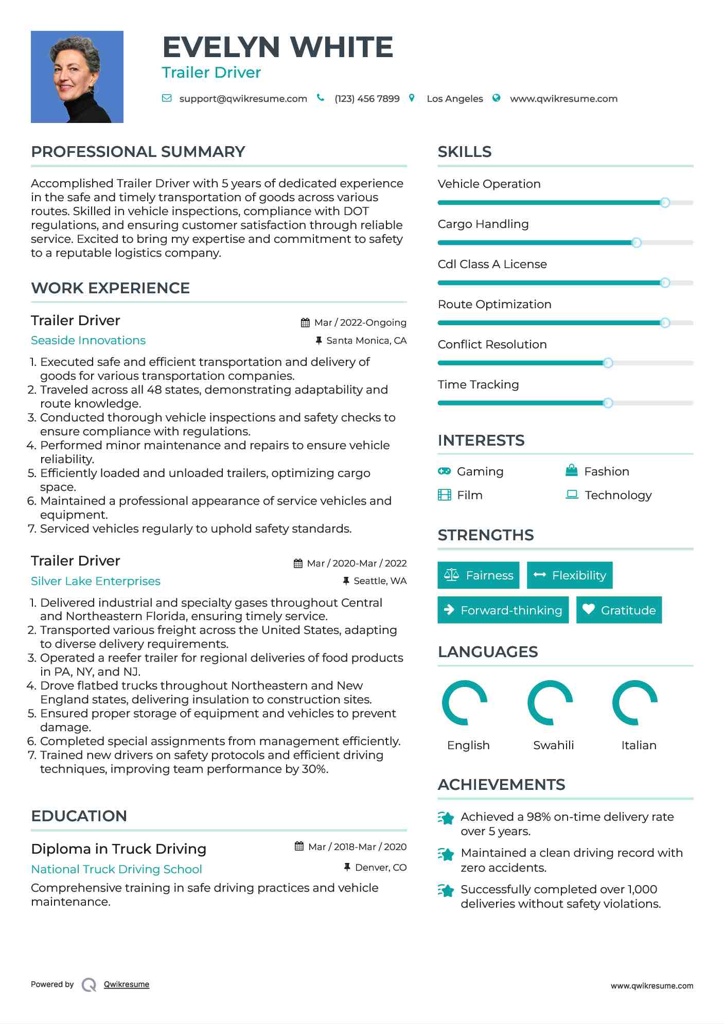 Trailer Driver Resume Format