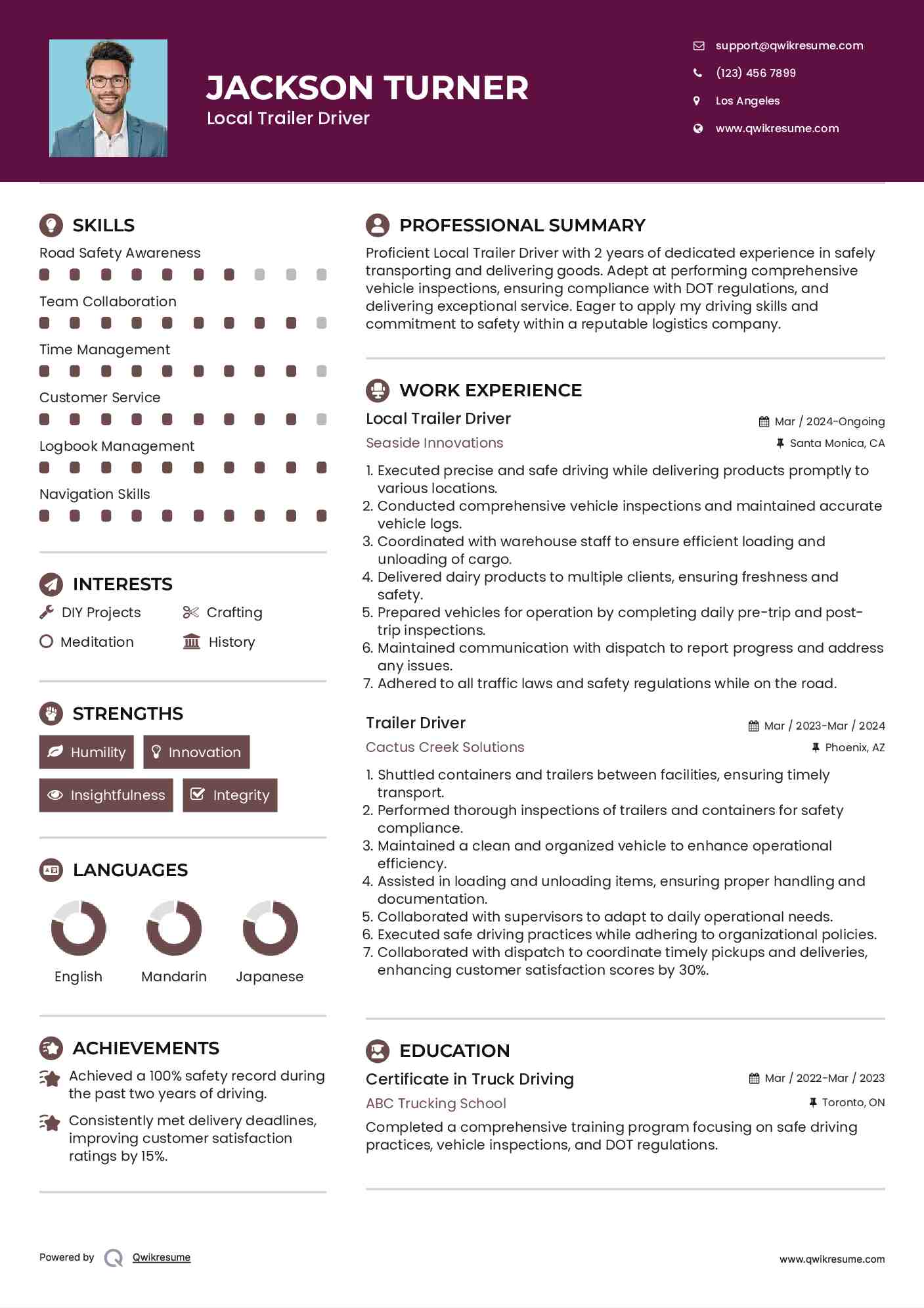 Local Trailer Driver Resume Template