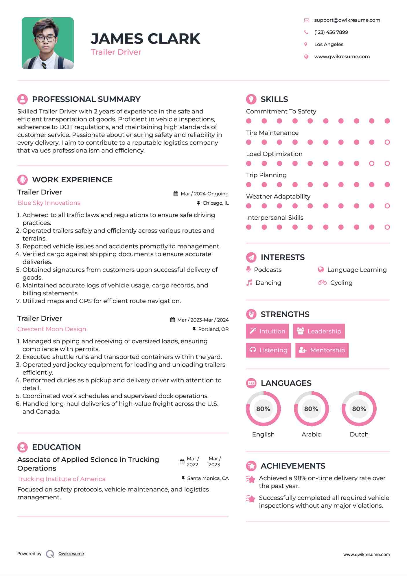 Trailer Driver Resume Sample