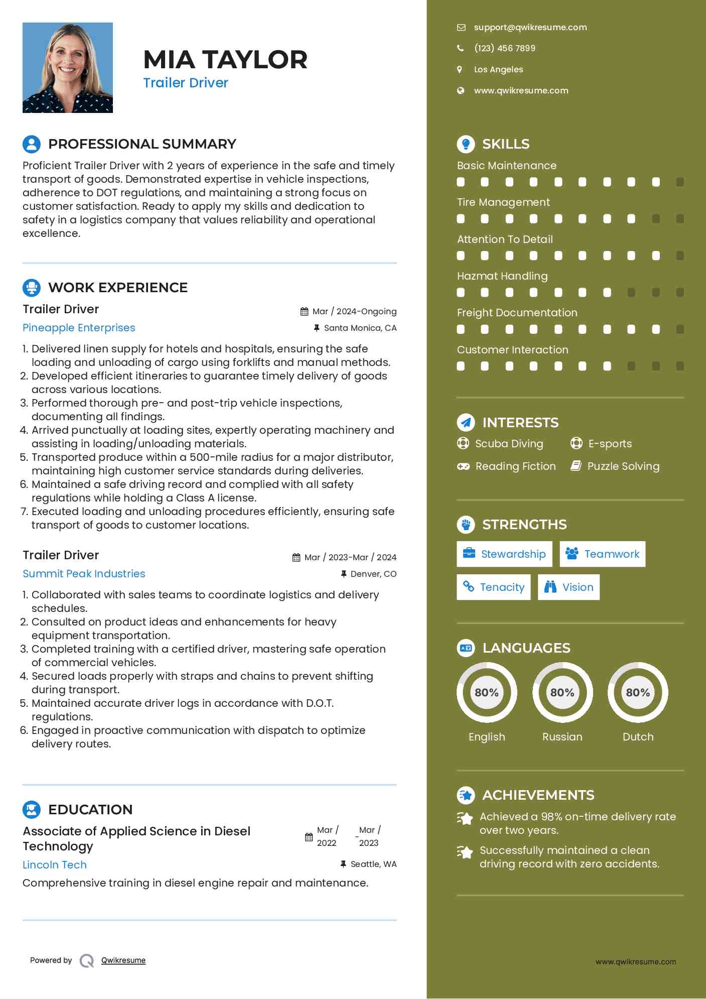 Trailer Driver Resume Format