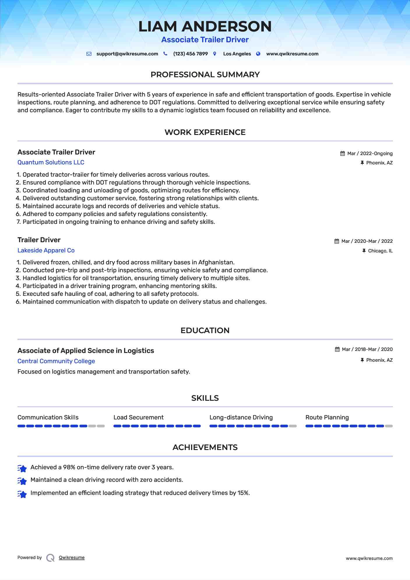 Associate Trailer Driver Resume Example