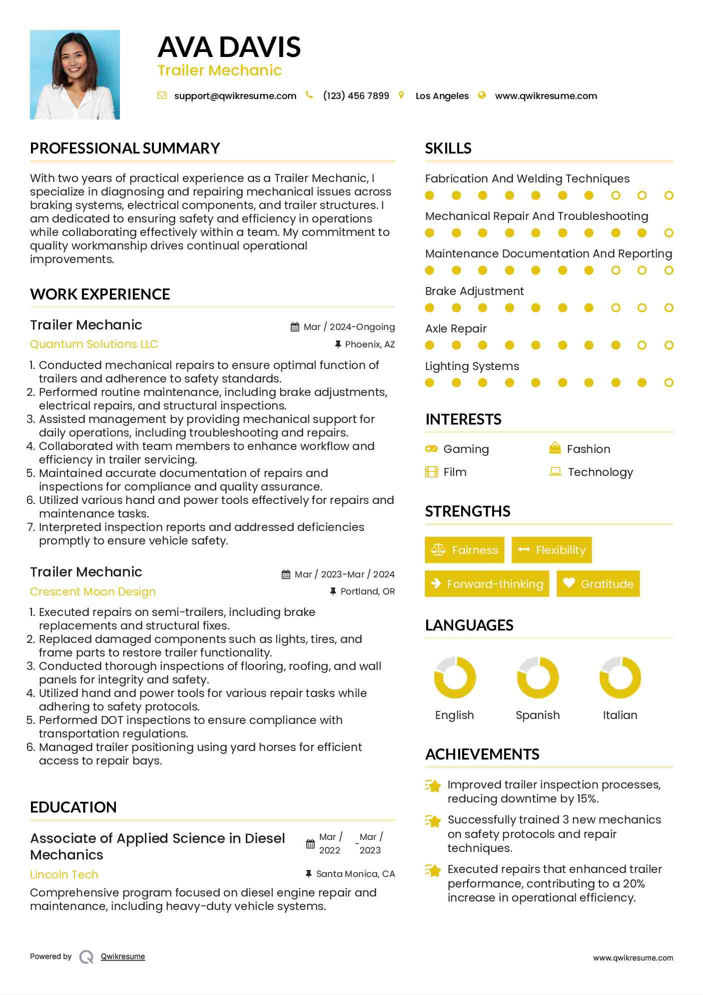 Trailer Mechanic Resume Template