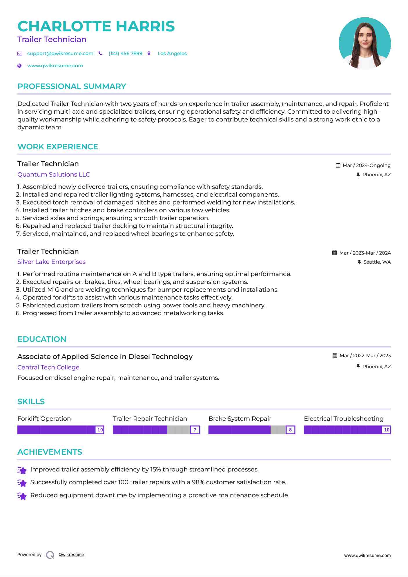 Trailer Technician Resume Model