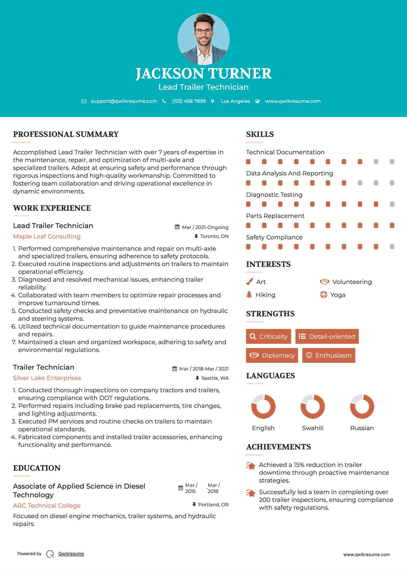 Lead Trailer Technician Resume Sample