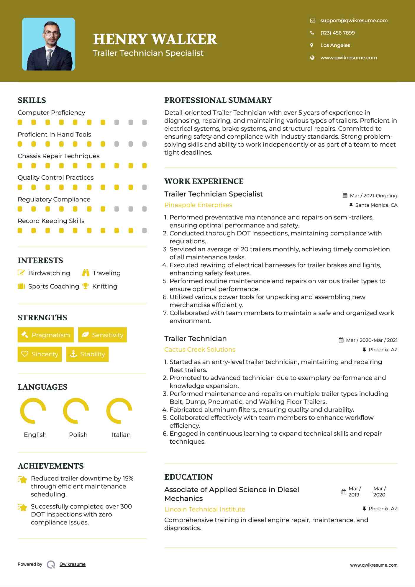 Trailer Technician Specialist Resume Format