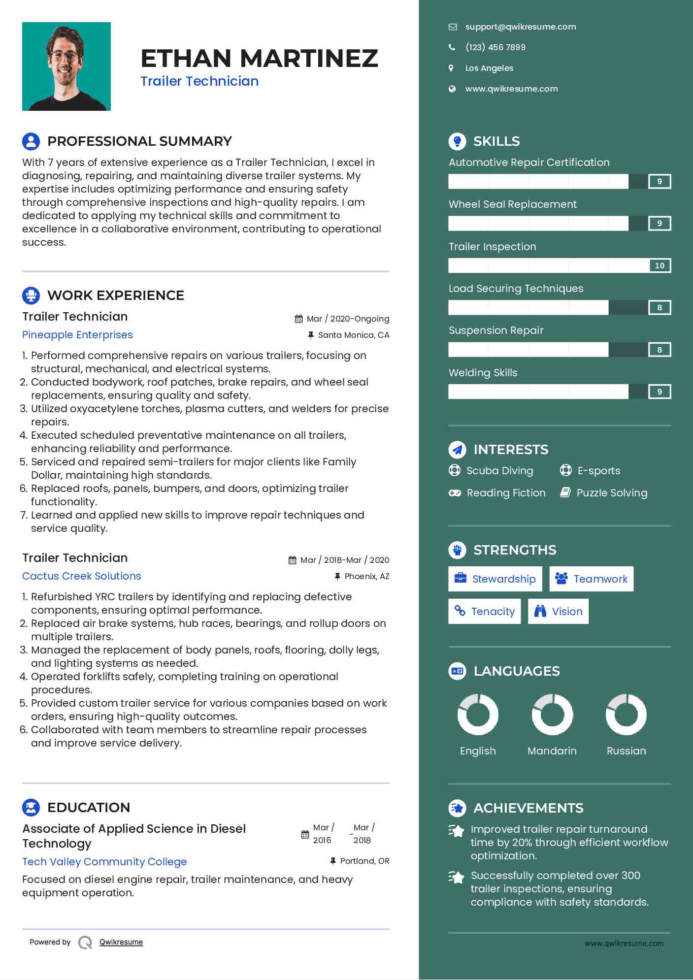 Trailer Technician Resume Model