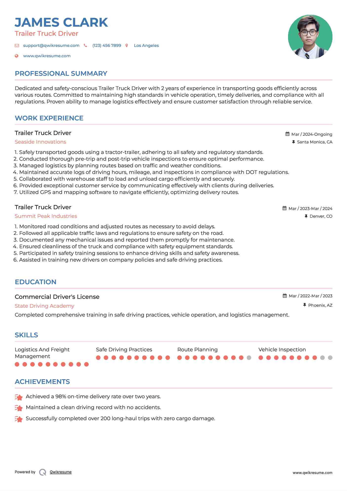 Trailer Truck Driver Resume Template