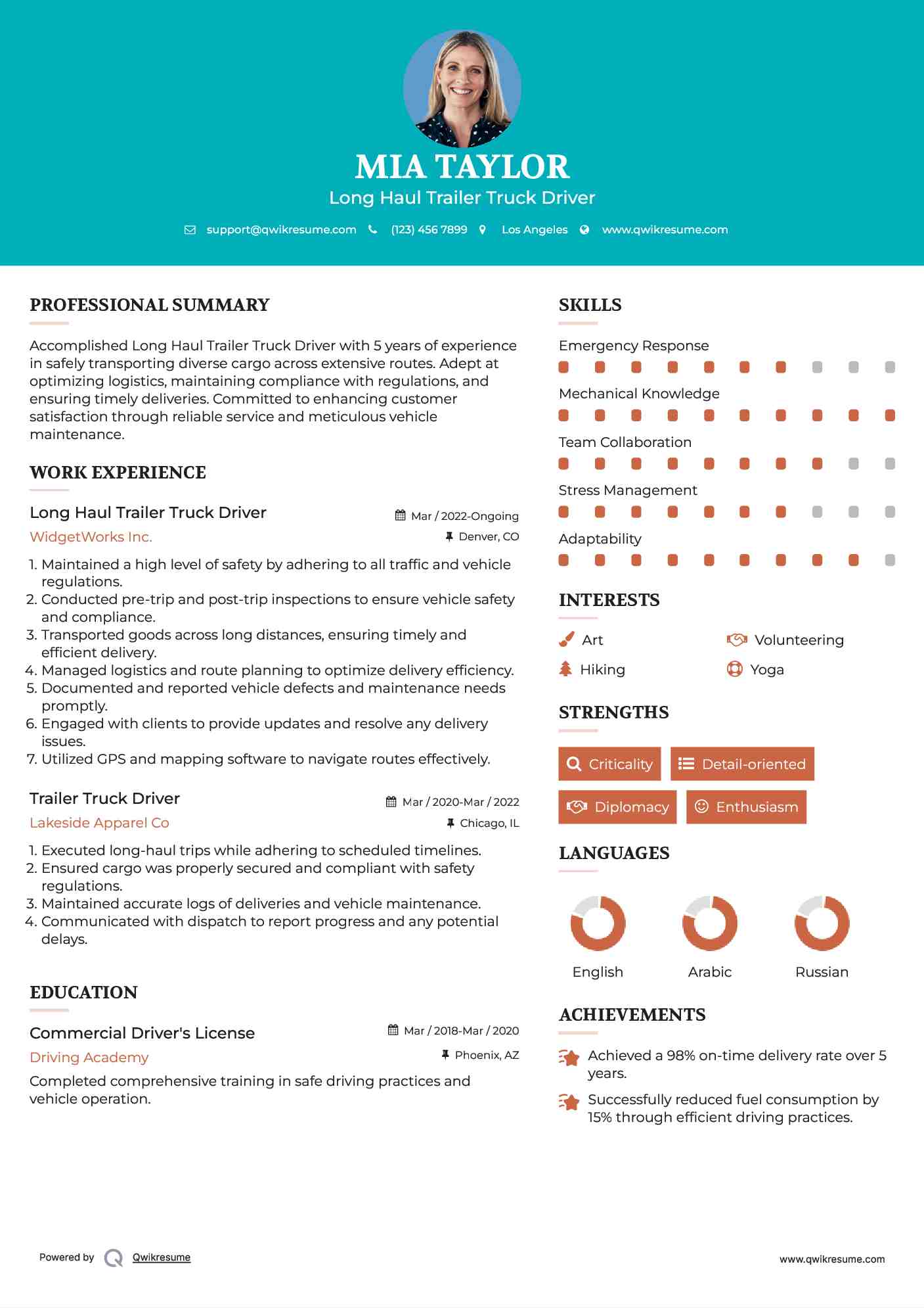 Long Haul Trailer Truck Driver Resume Template
