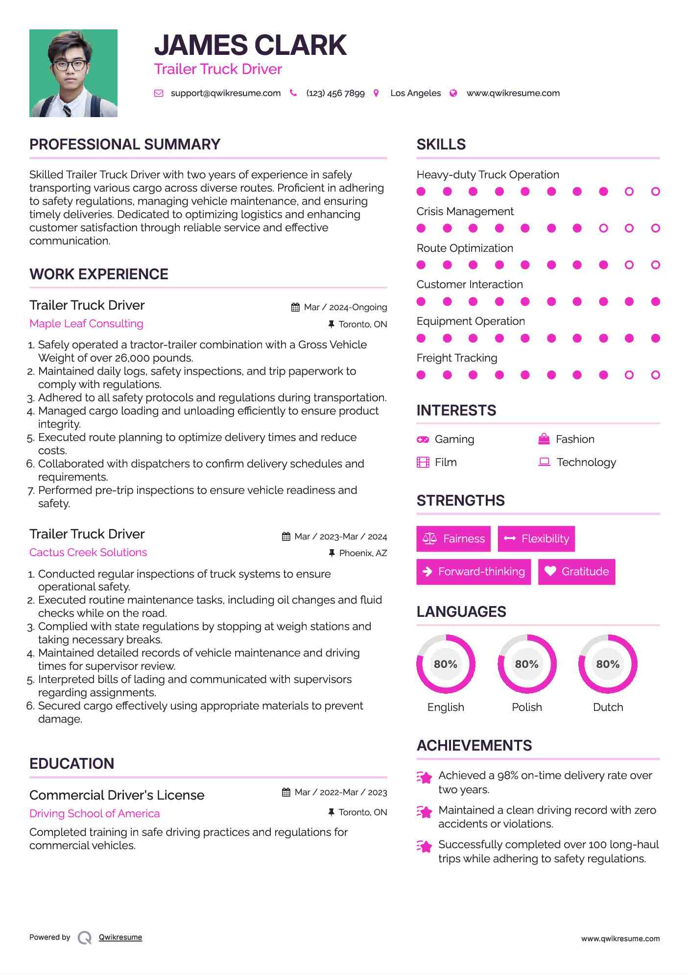 Trailer Truck Driver Resume Sample