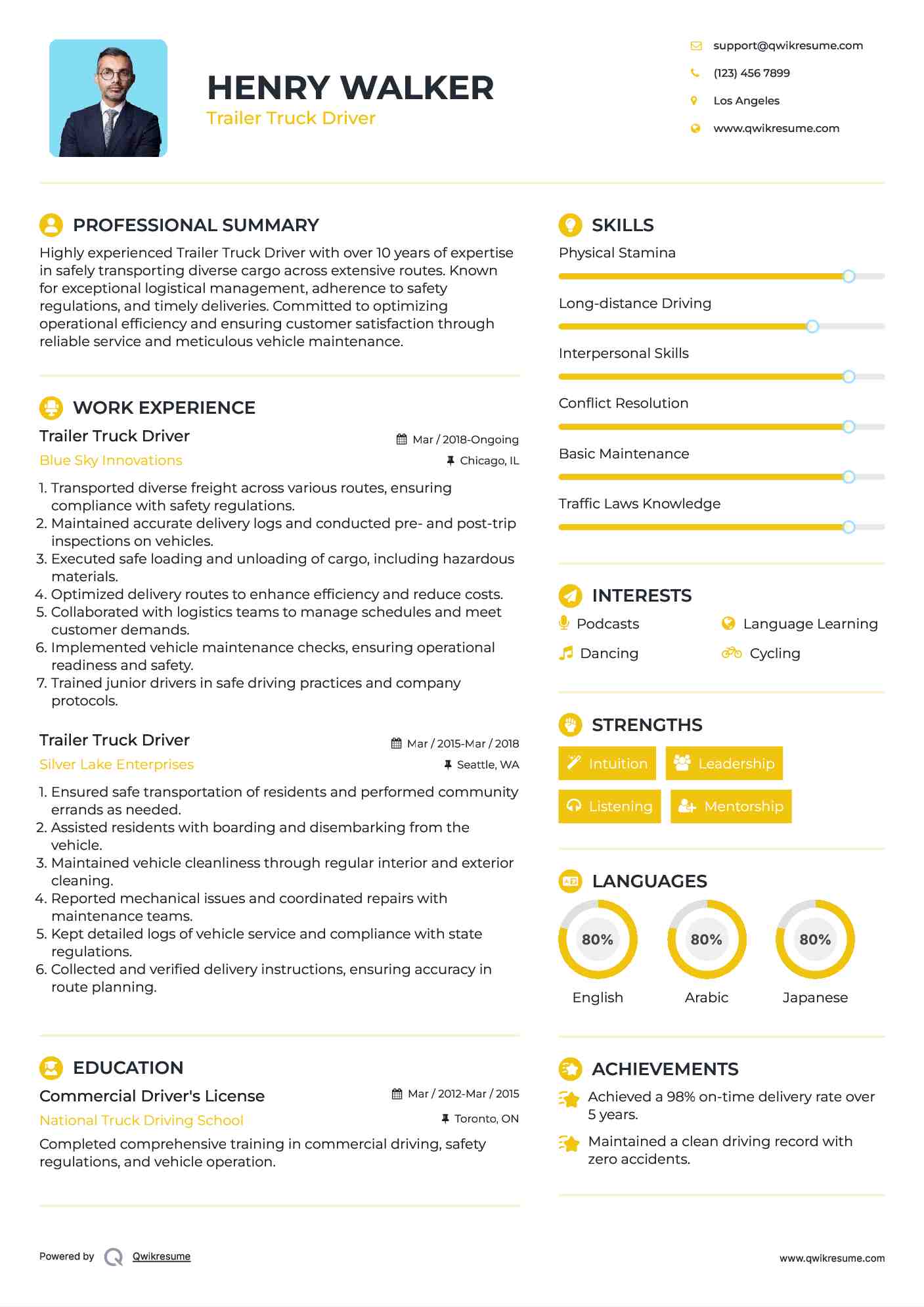 Trailer Truck Driver Resume Sample