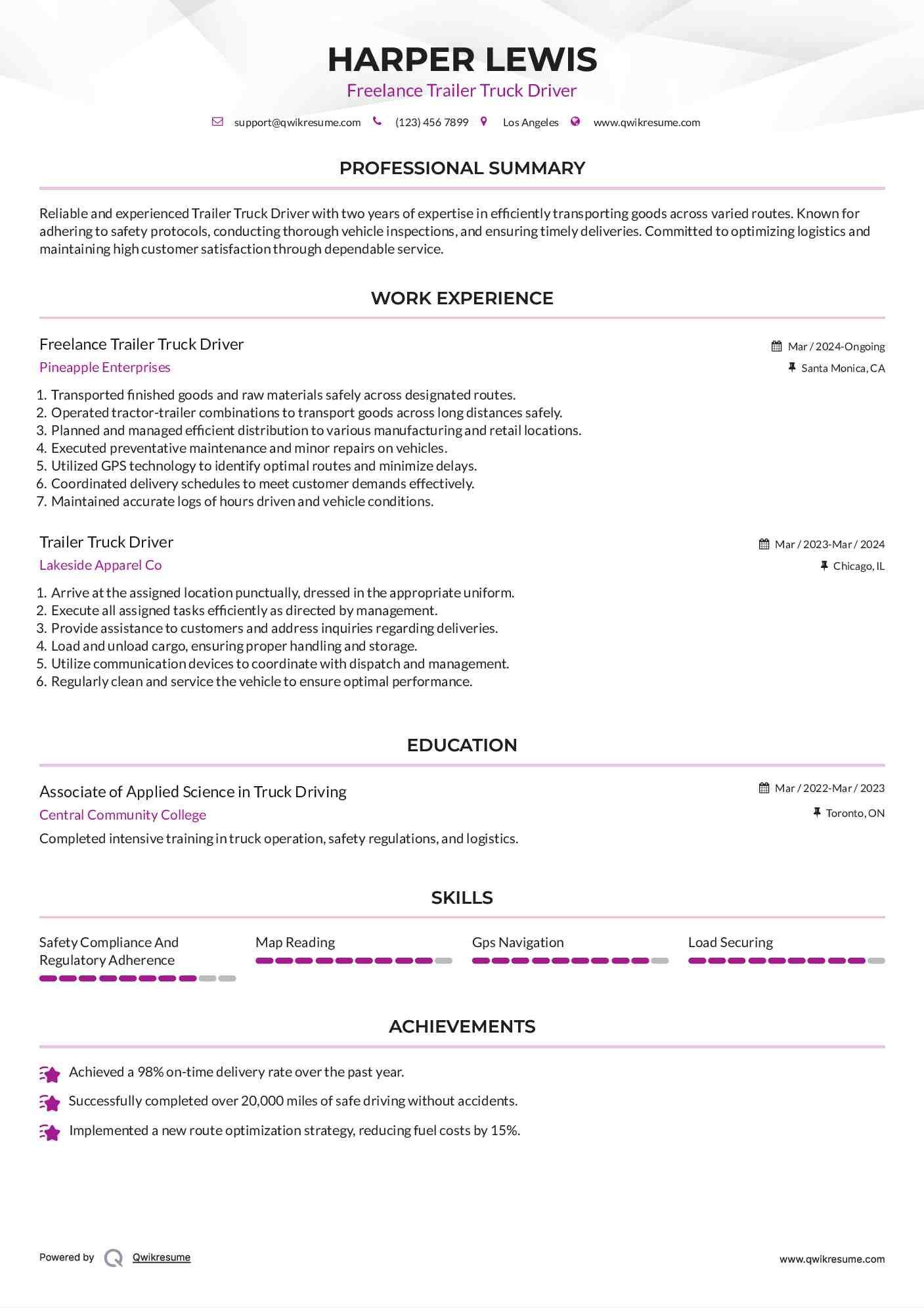 Freelance Trailer Truck Driver Resume Sample