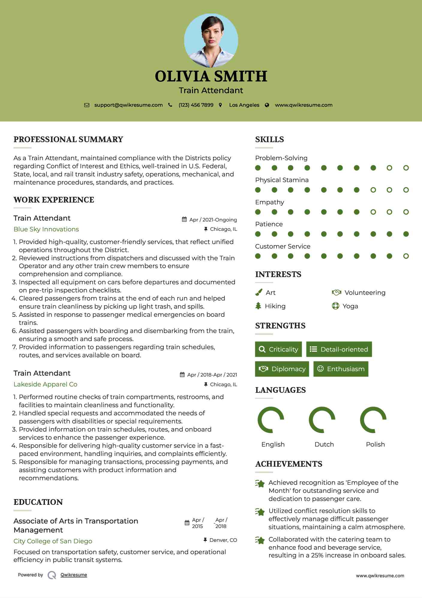 Train Attendant Resume Example