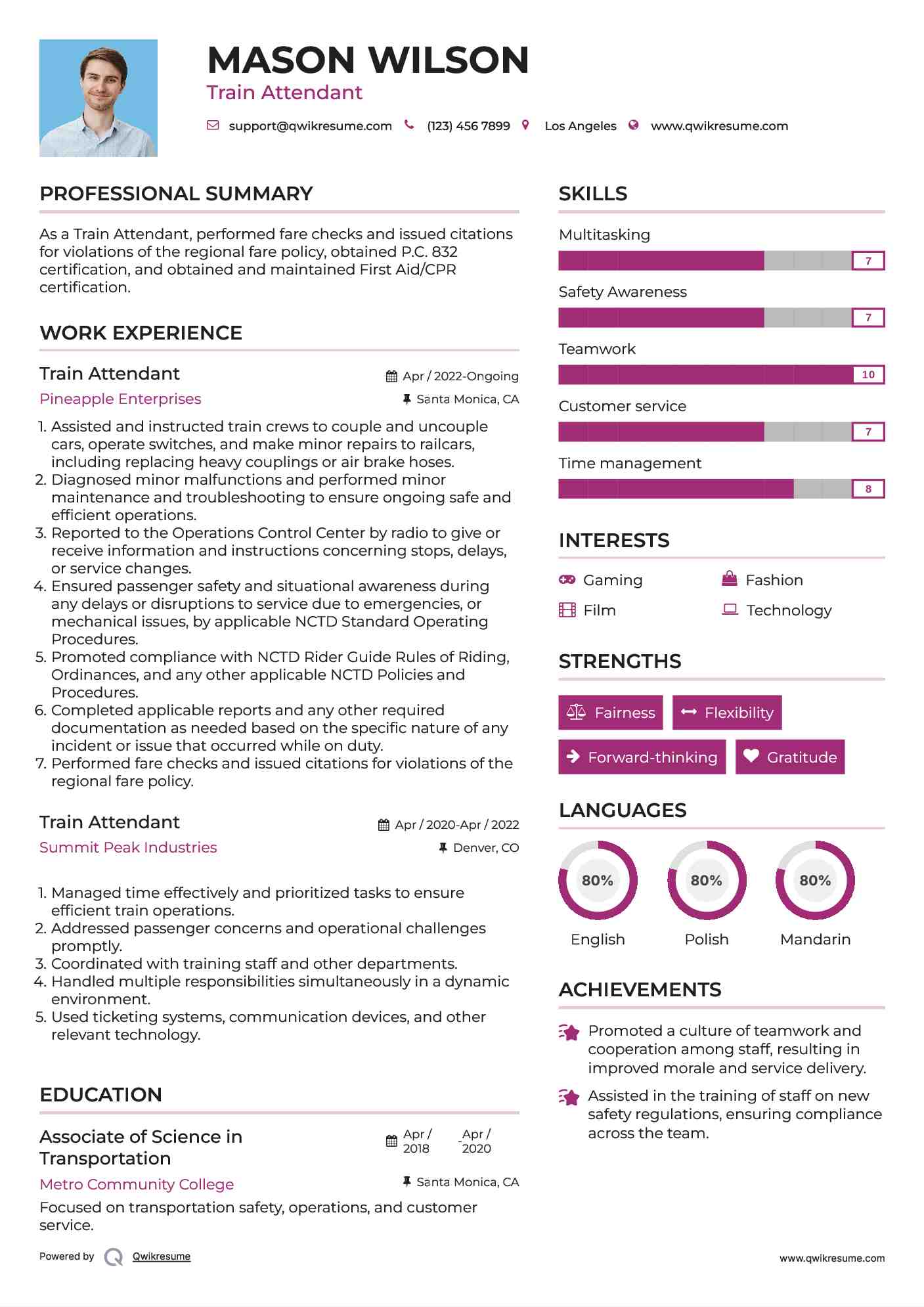 Train Attendant Resume Model
