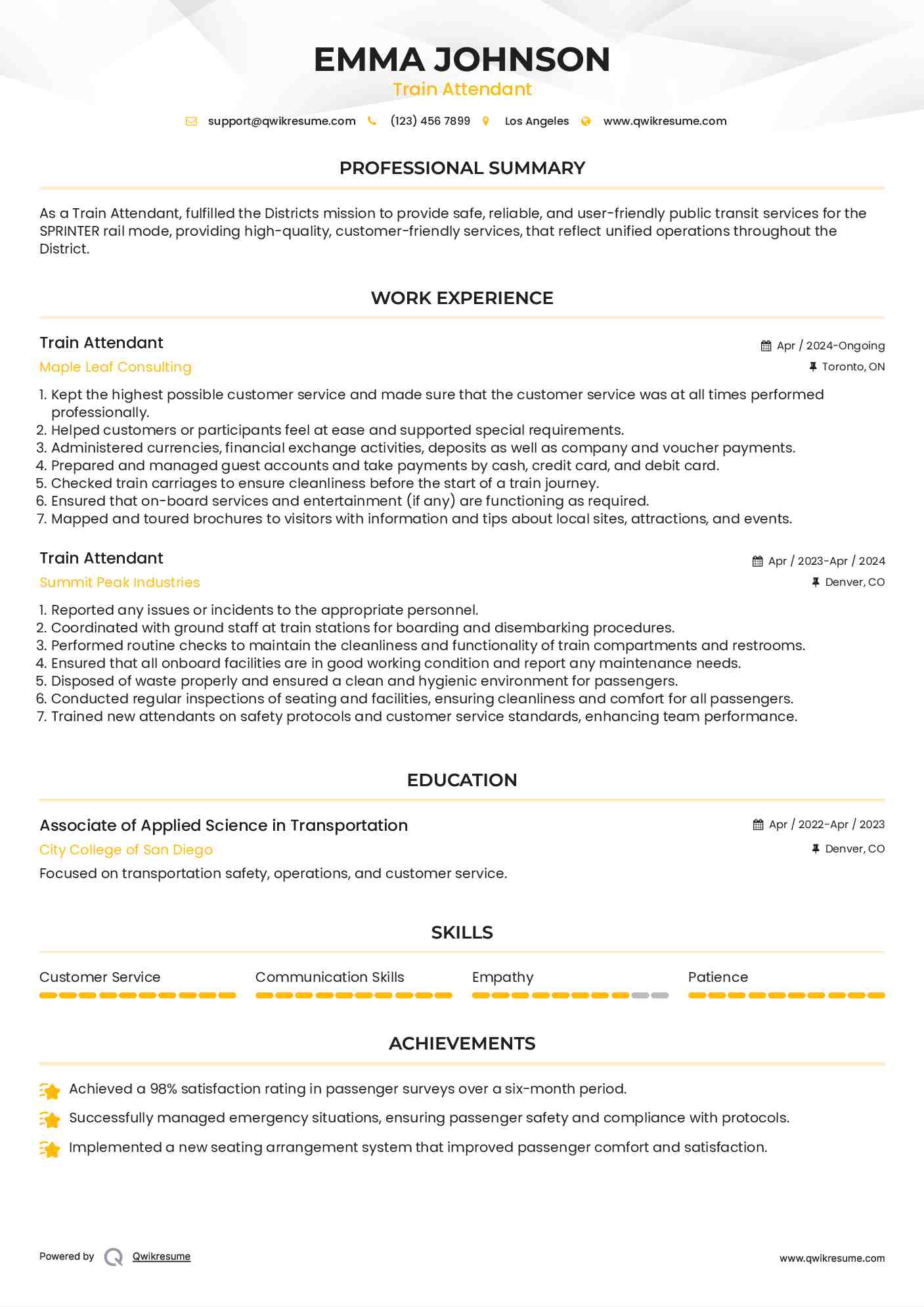Train Attendant Resume Template