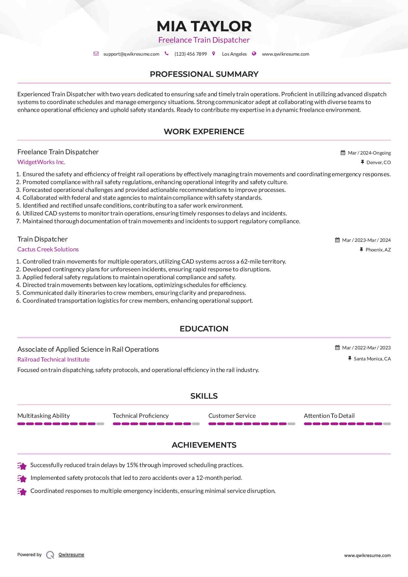 Freelance Train Dispatcher Resume Example