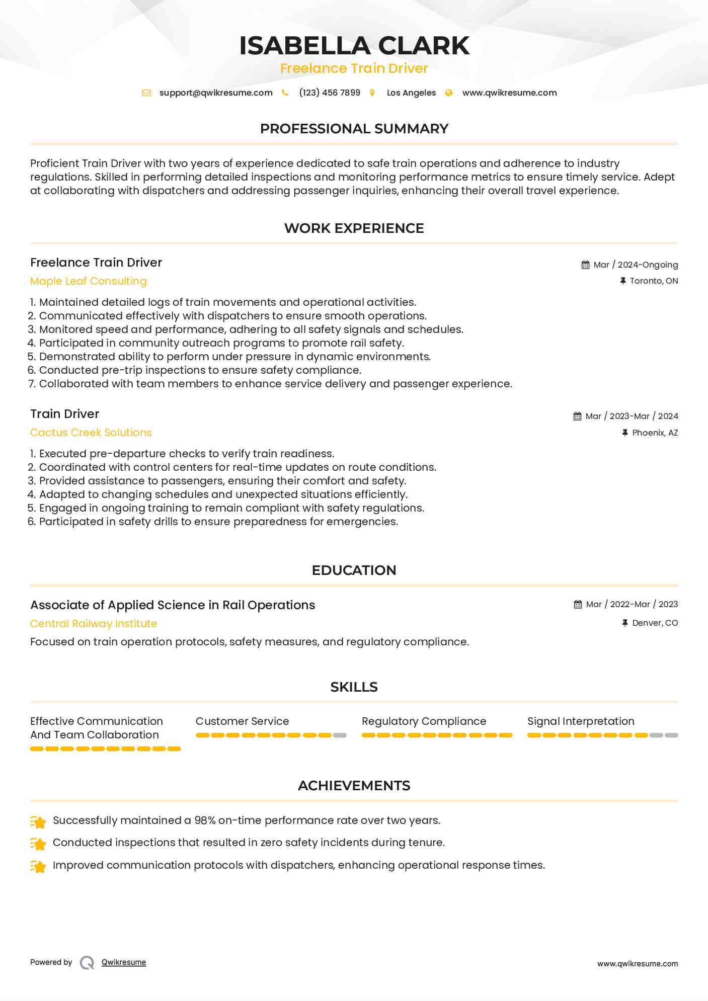 Freelance Train Driver Resume Model
