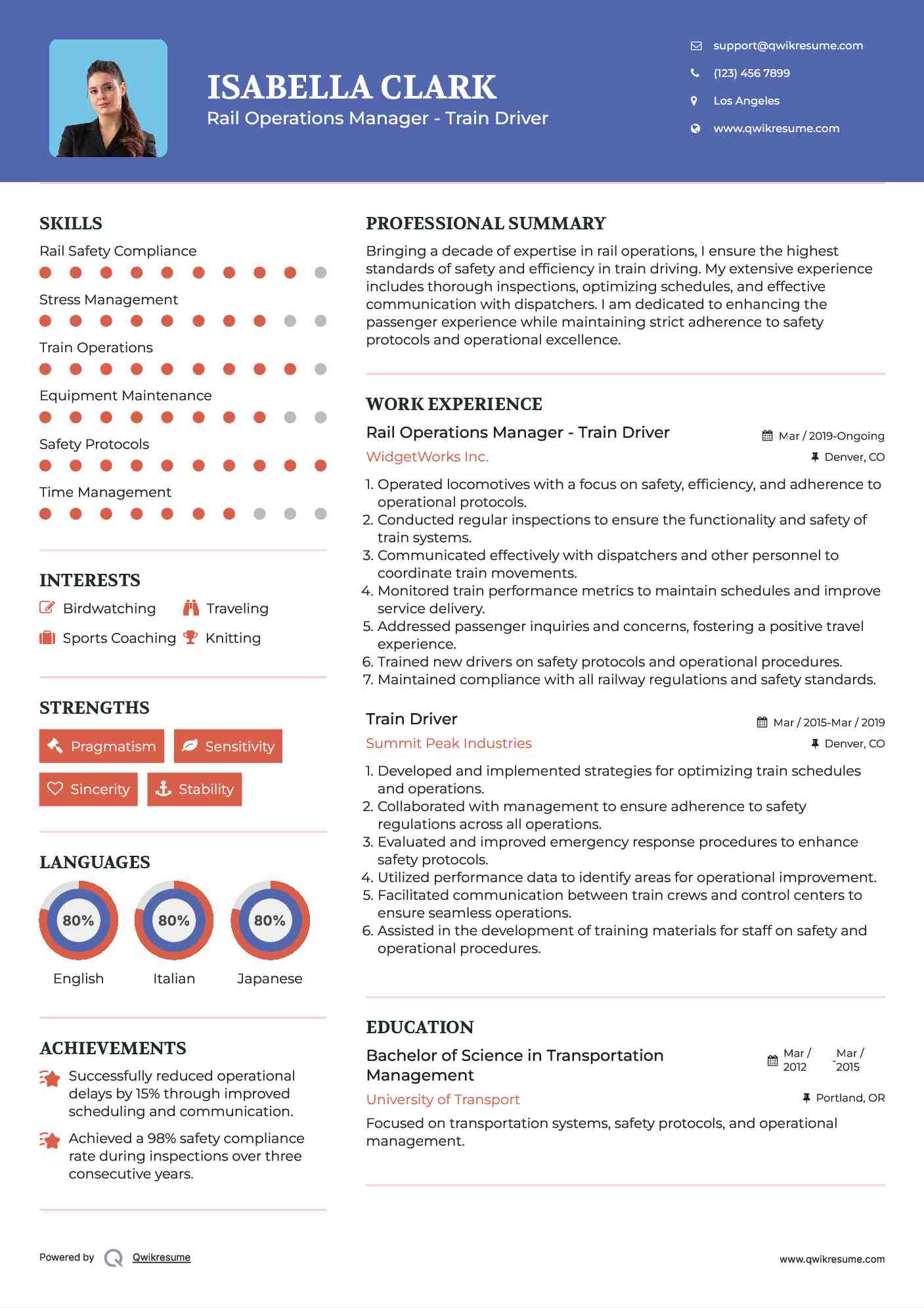 Rail Operations Manager - Train Driver Resume Model