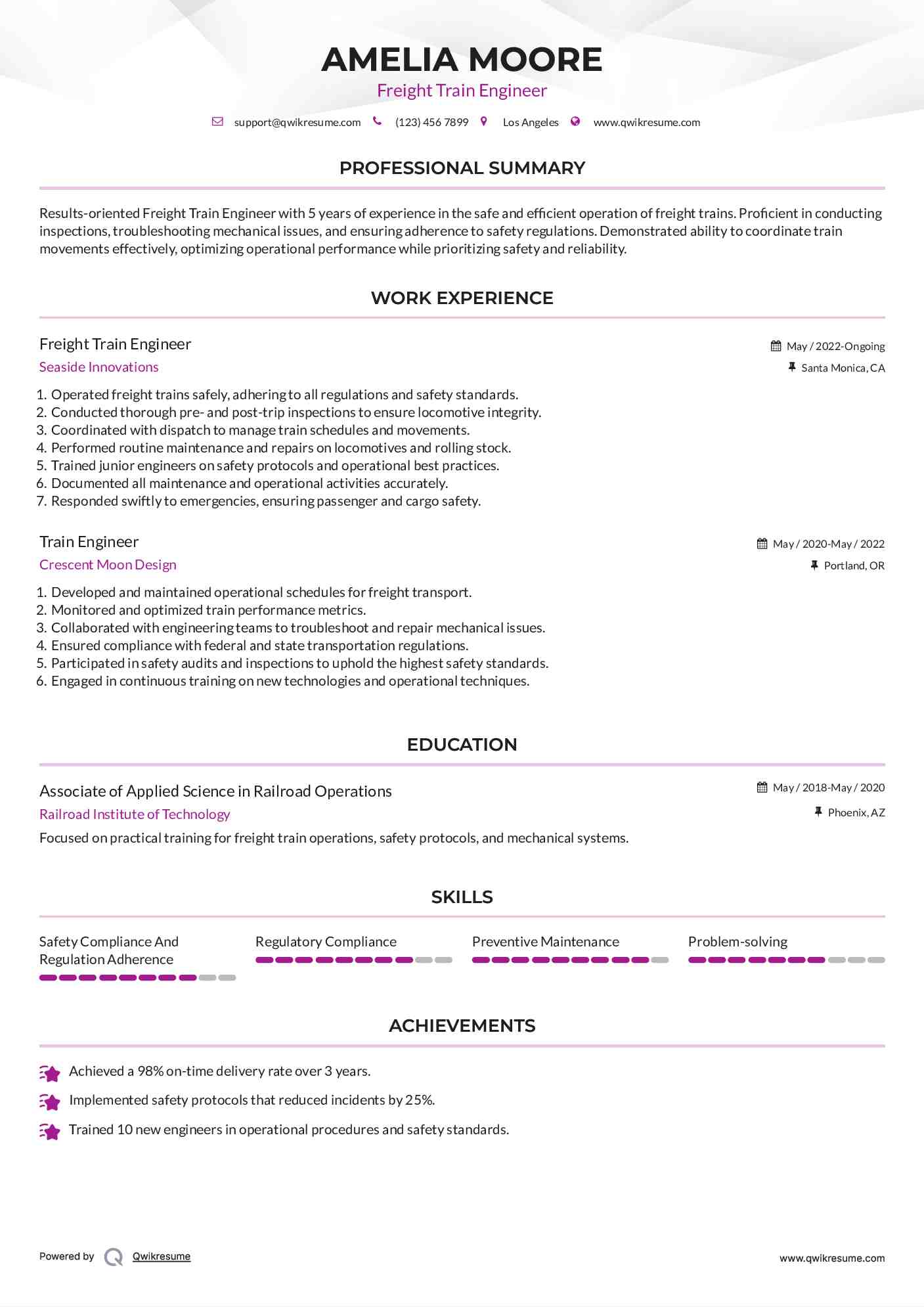Freight Train Engineer Resume Sample