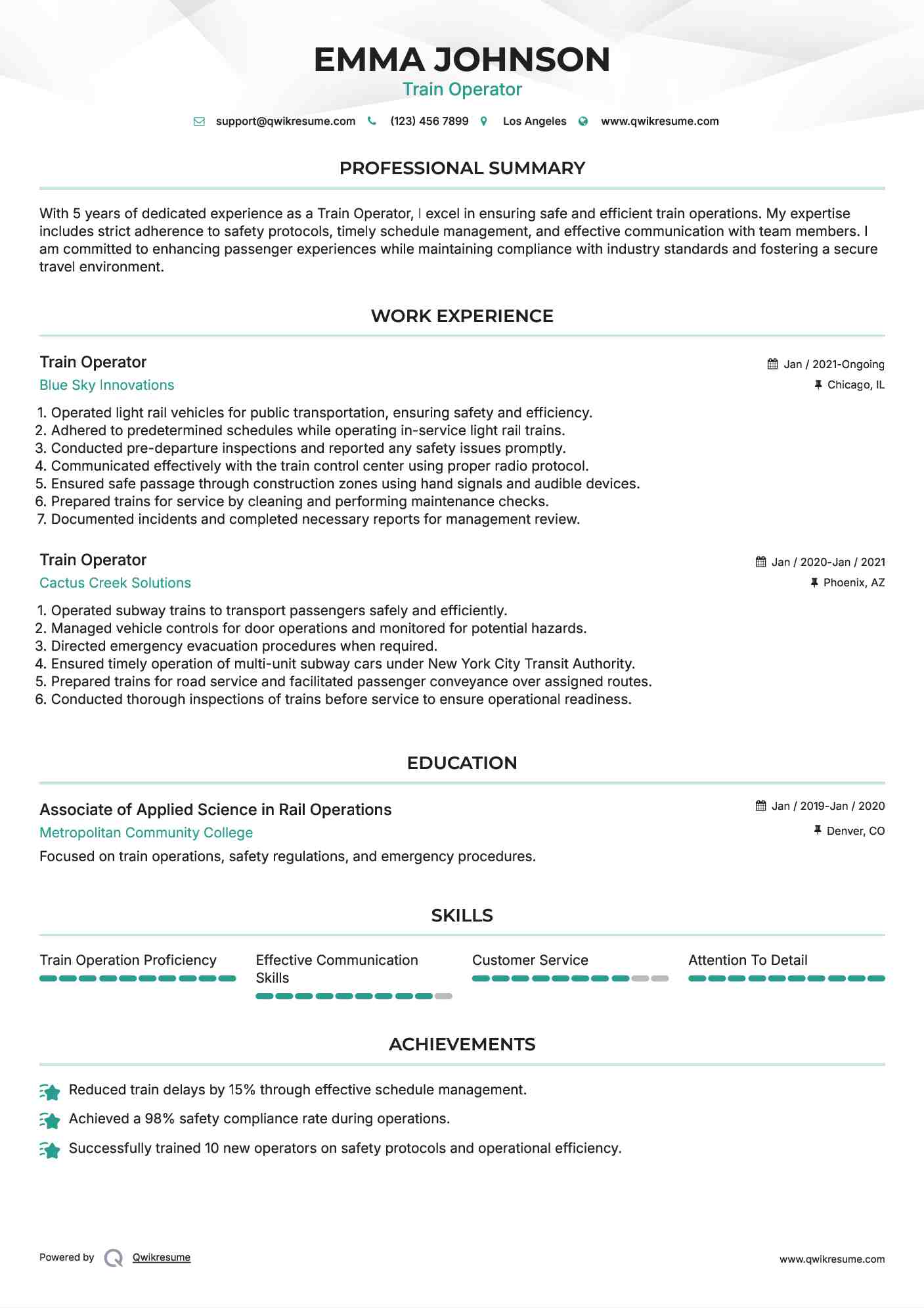 Train Operator Resume Example