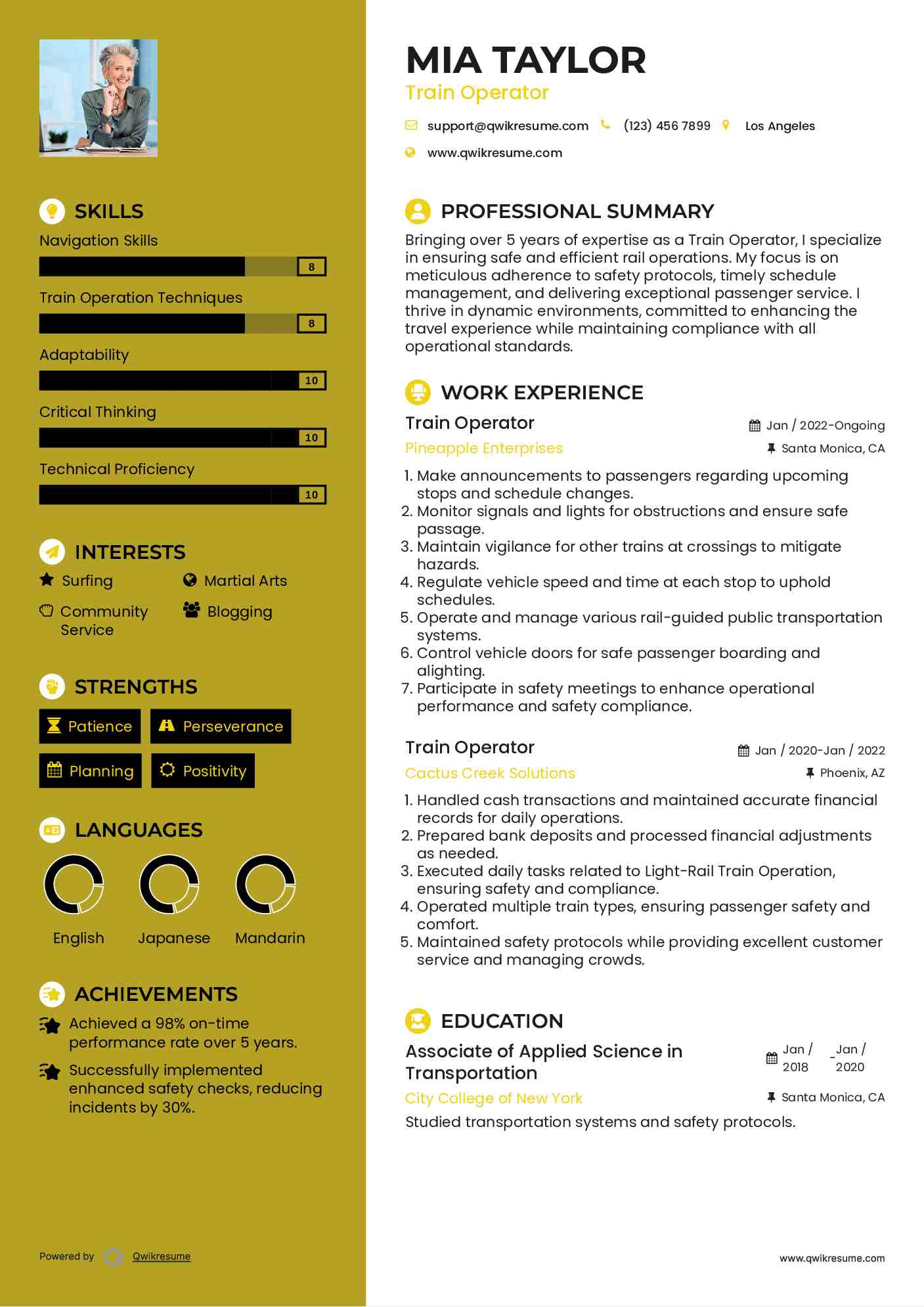 Train Operator Resume Sample