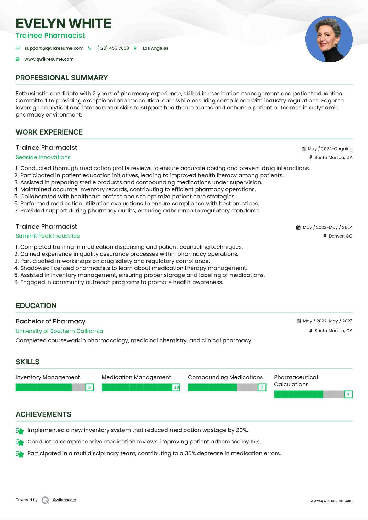 Trainee Pharmacist Resume Example