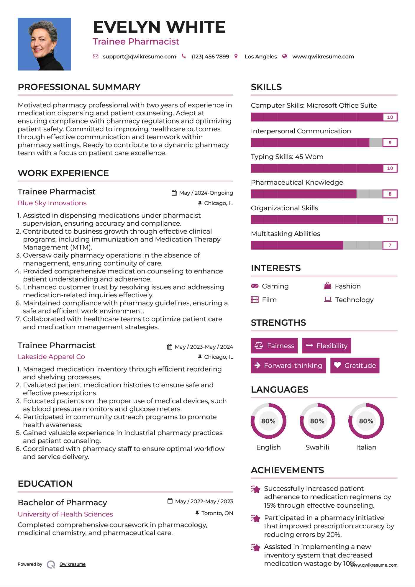 Trainee Pharmacist Resume Example