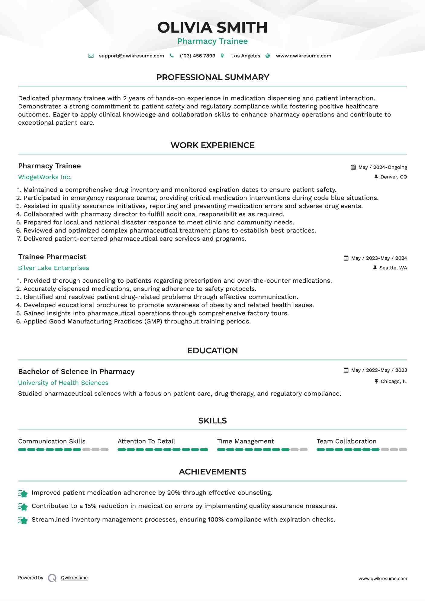Pharmacy Trainee Resume Example