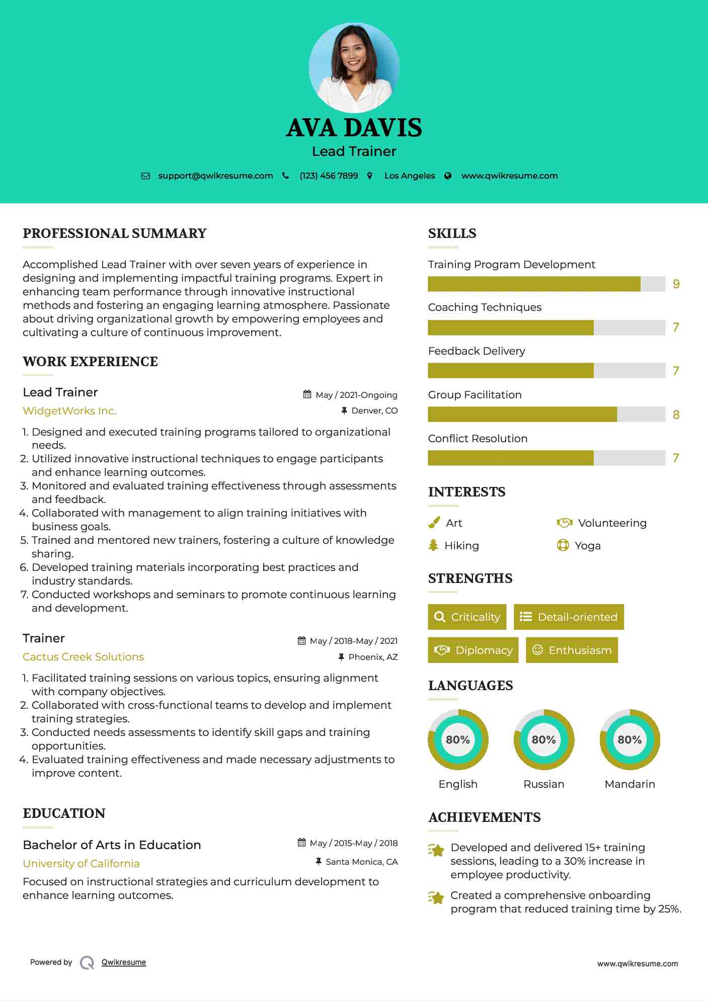 Lead Trainer Resume Sample