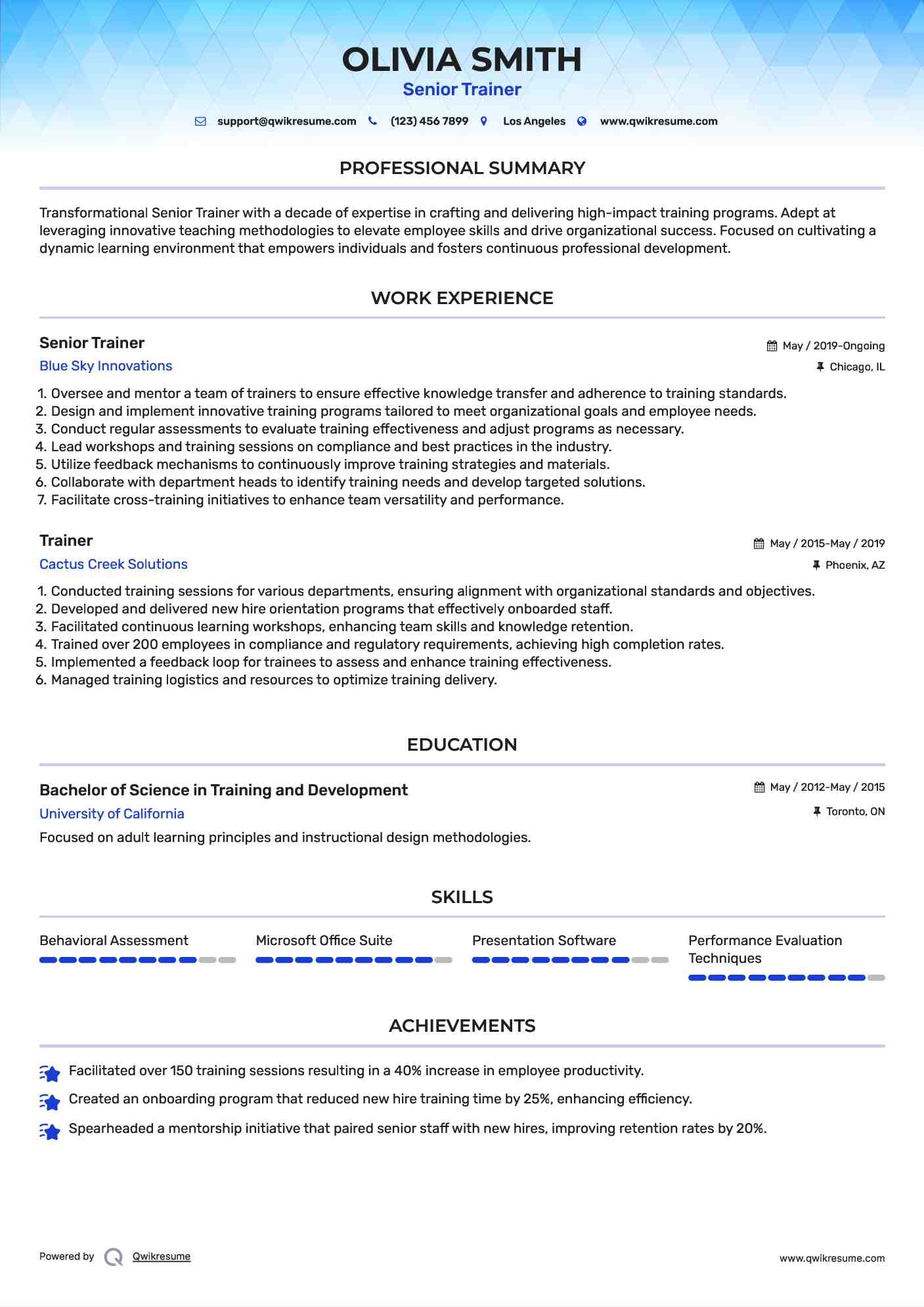 Senior Trainer Resume Sample