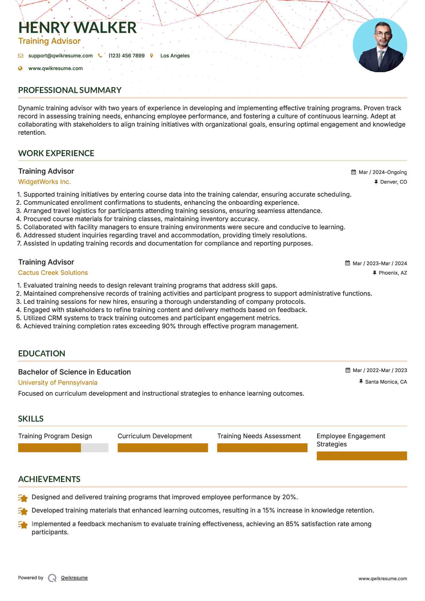 Training Advisor Resume Example