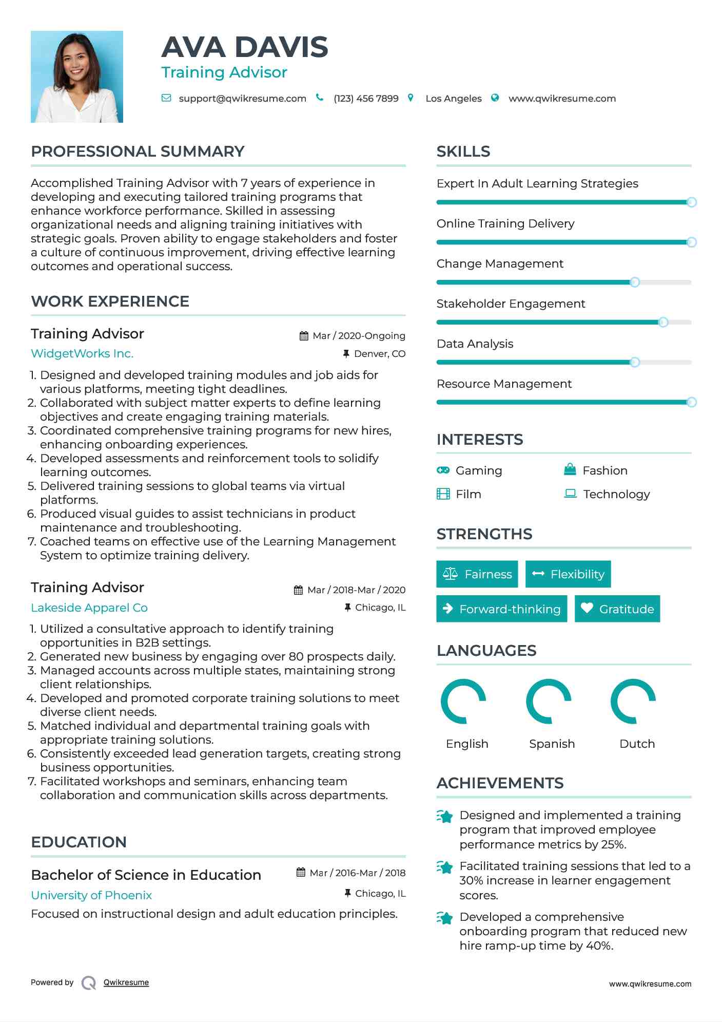Training Advisor Resume Sample