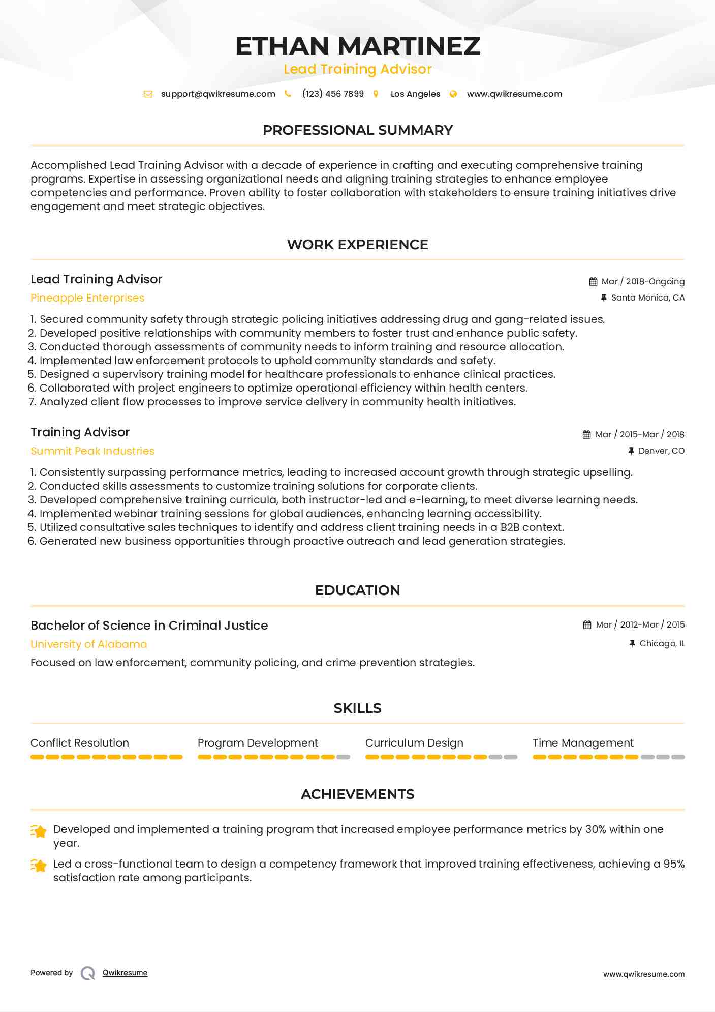 Lead Training Advisor Resume Example