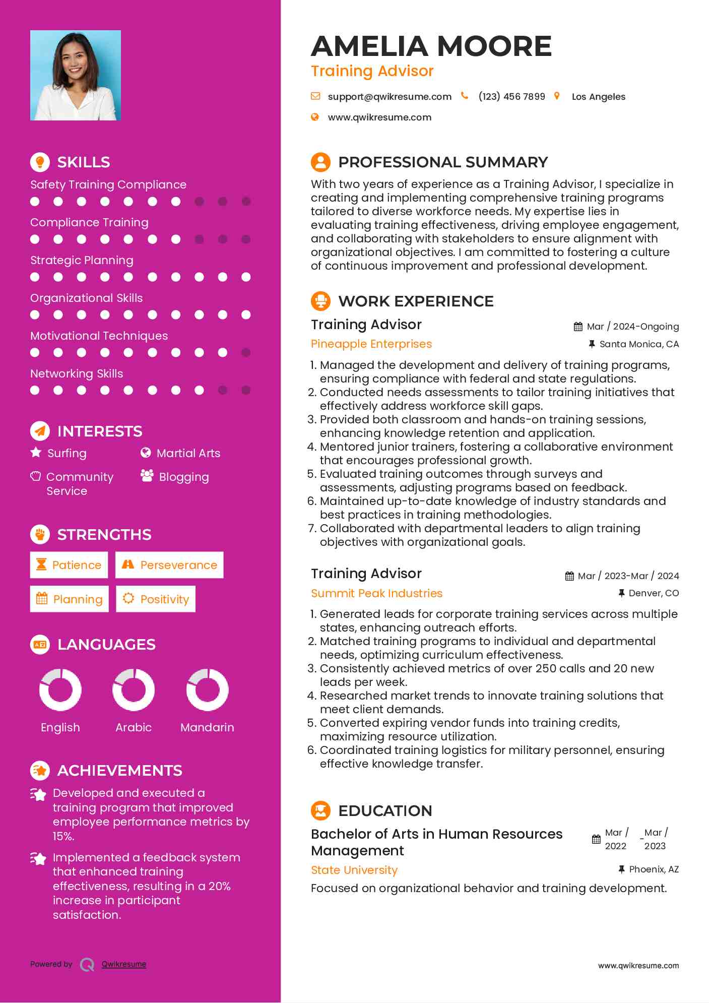 Training Advisor Resume Sample