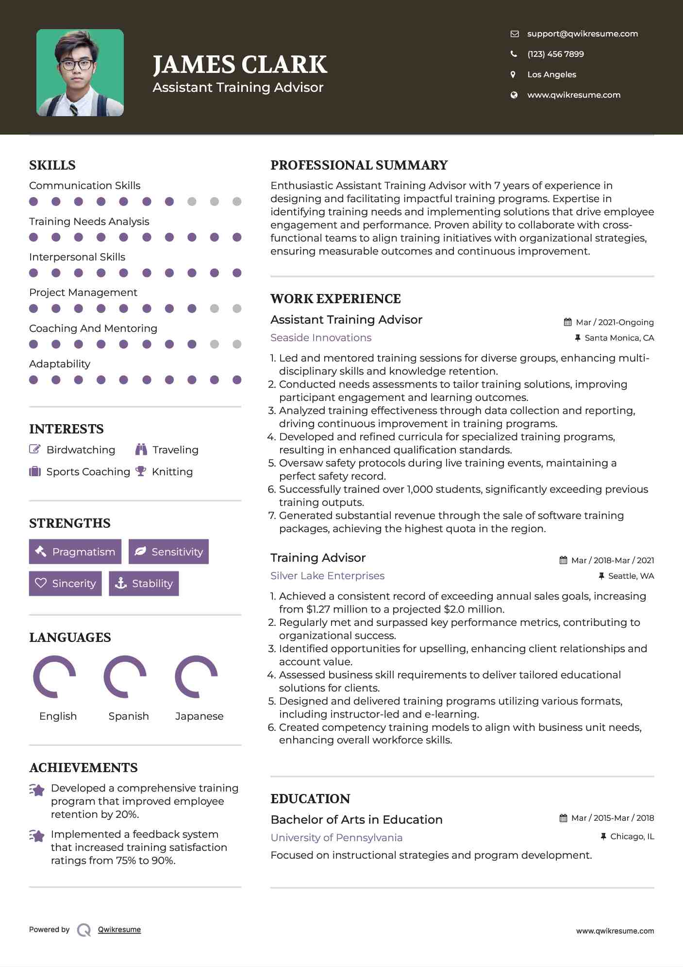 Assistant Training Advisor Resume Sample