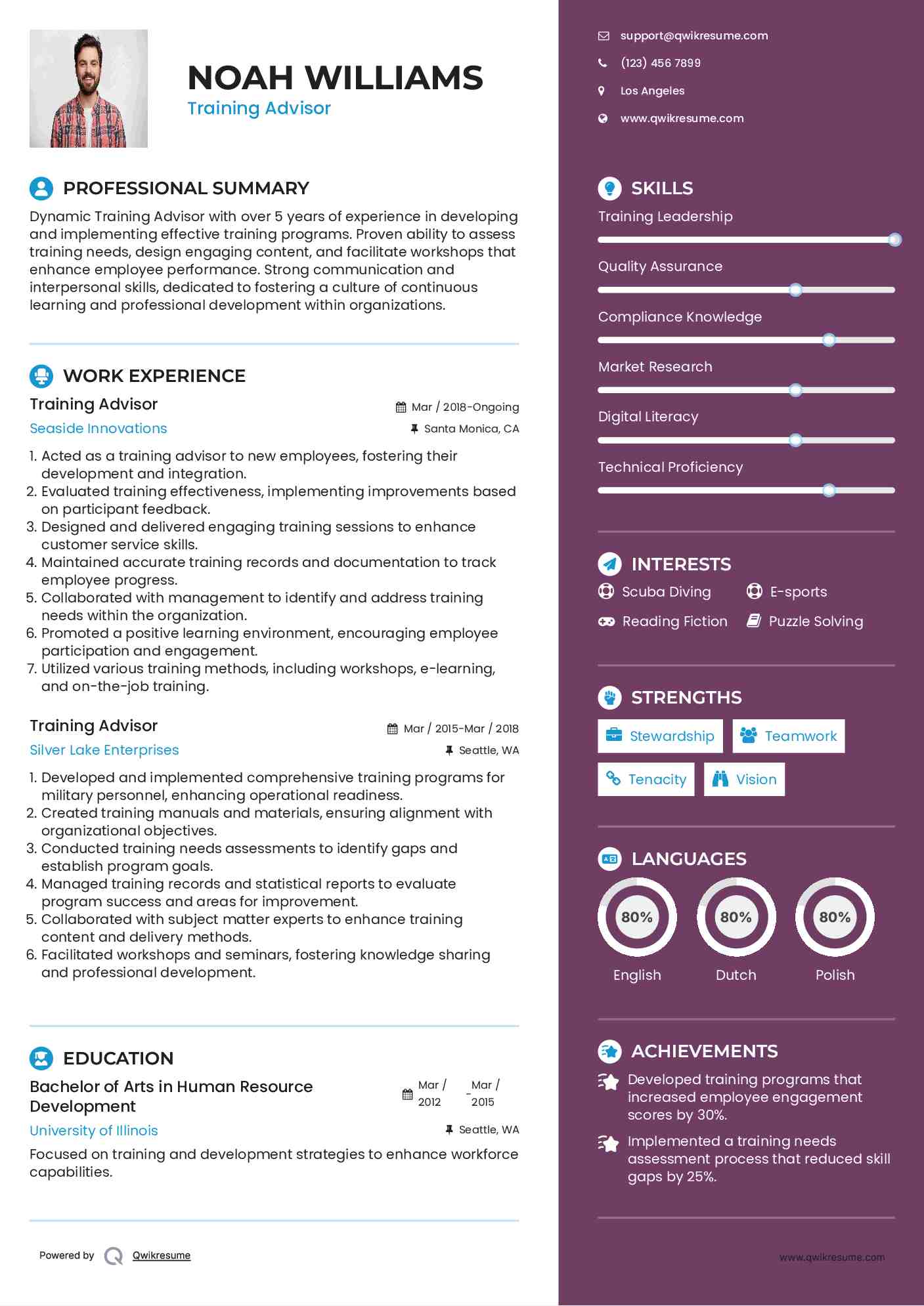 Training Advisor Resume Example