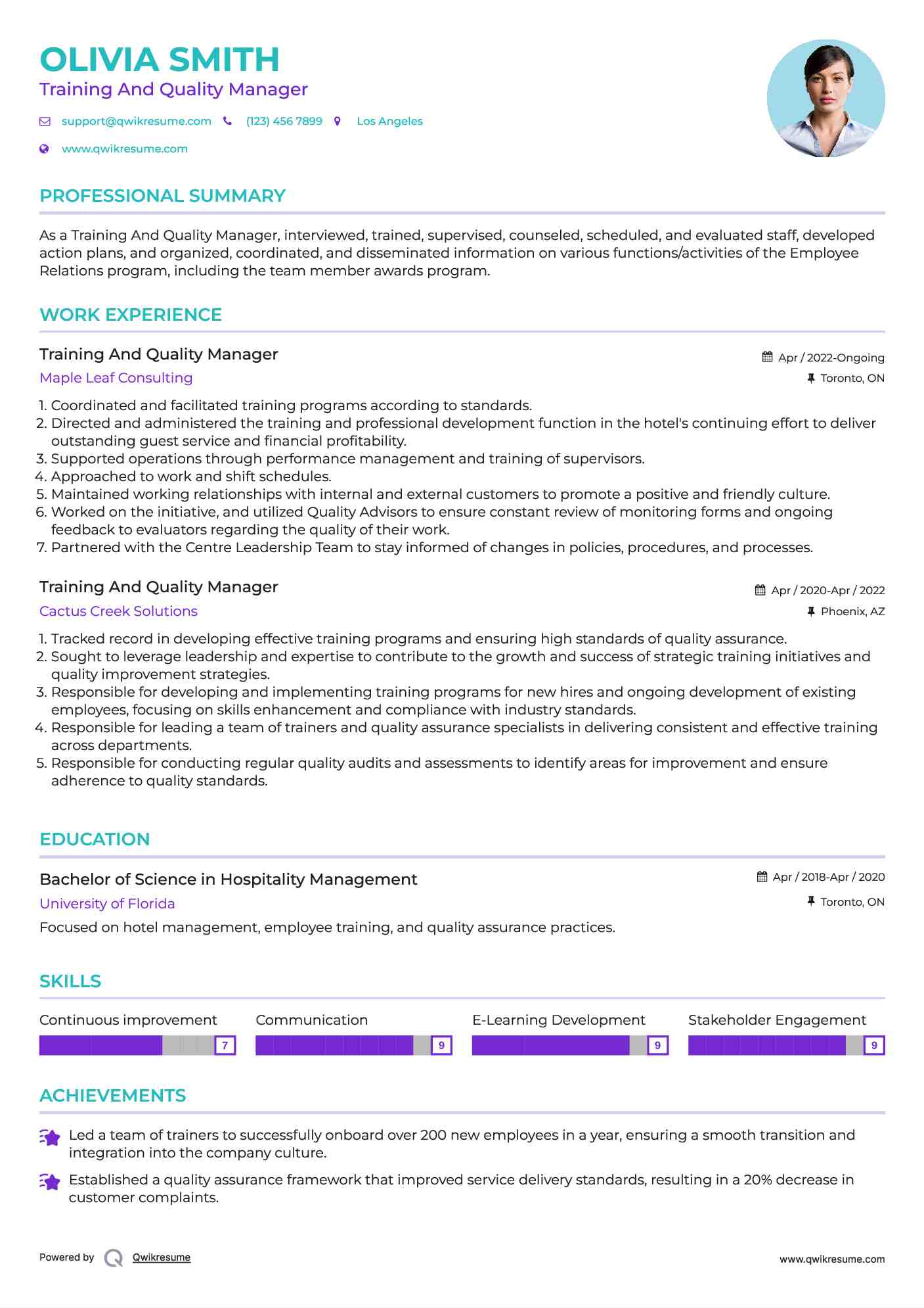 Training And Quality Manager Resume Template