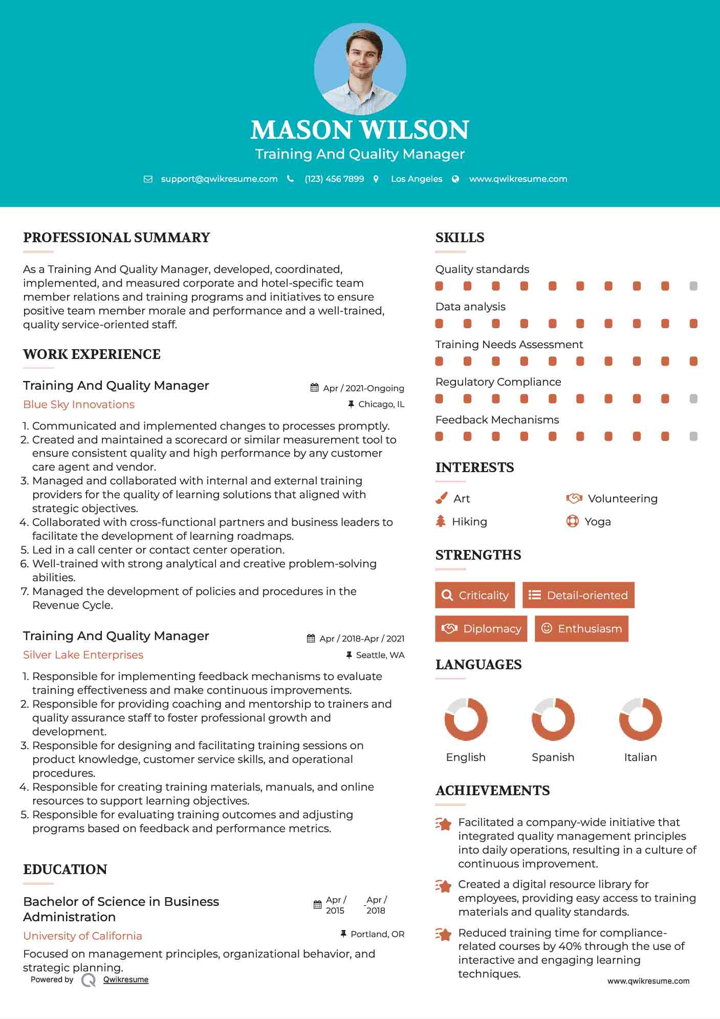 Training And Quality Manager Resume Model