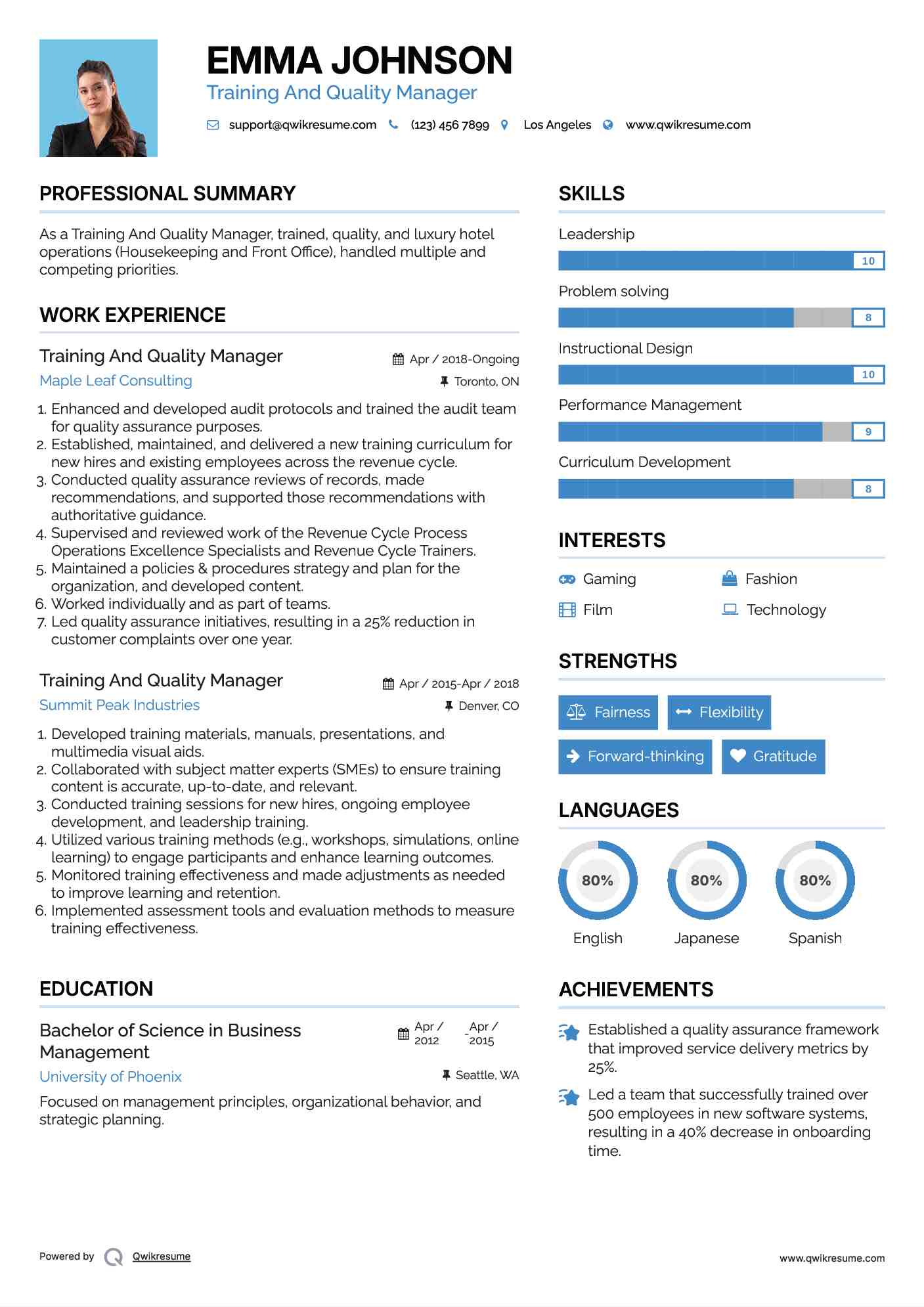 Training And Quality Manager Resume Format