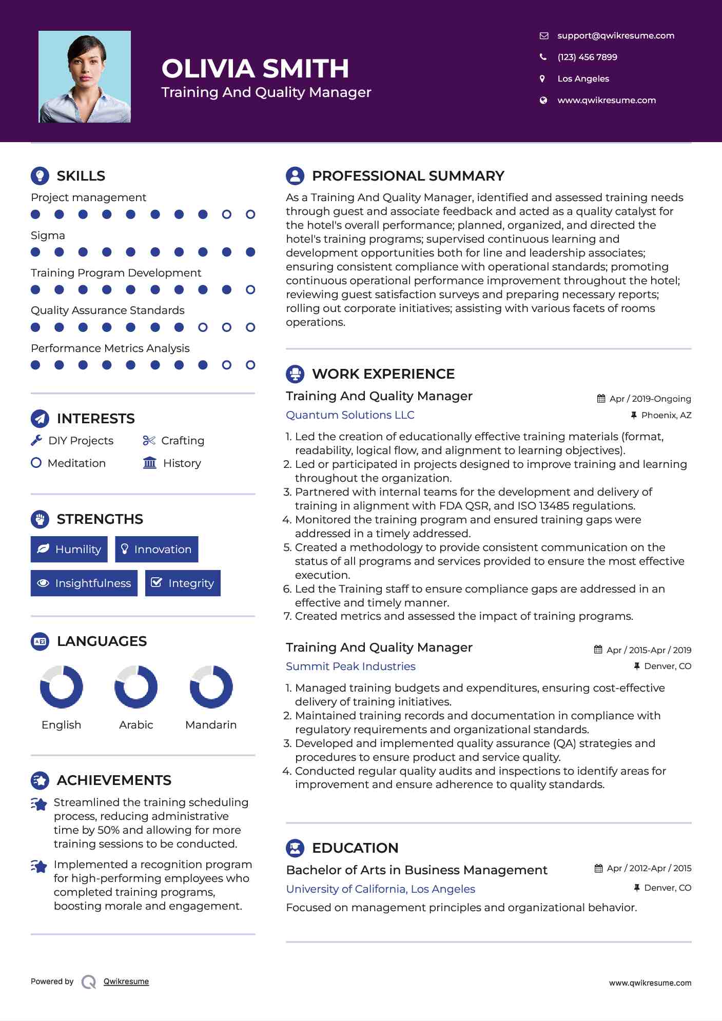 Training And Quality Manager Resume Example