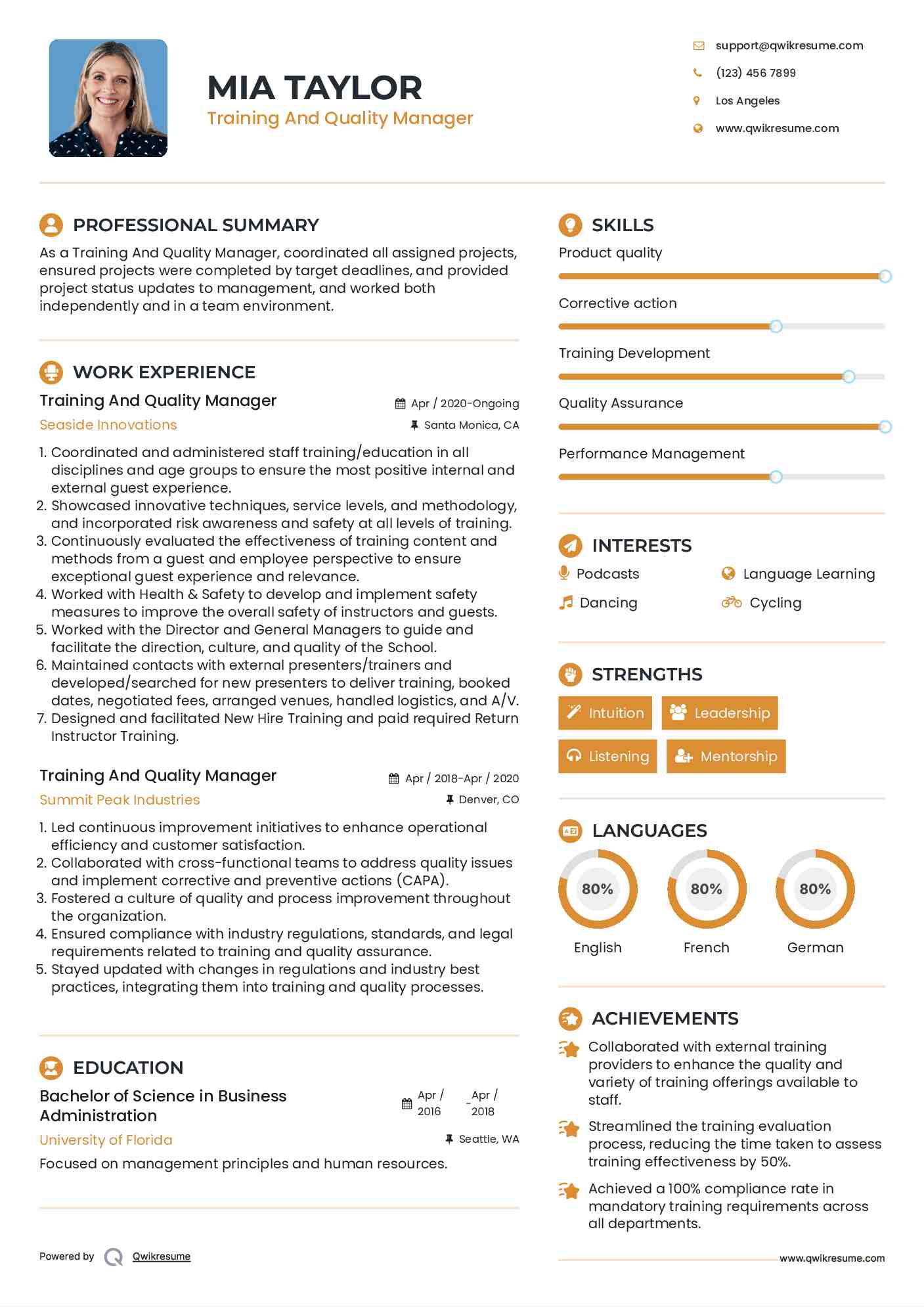 Training And Quality Manager Resume Model
