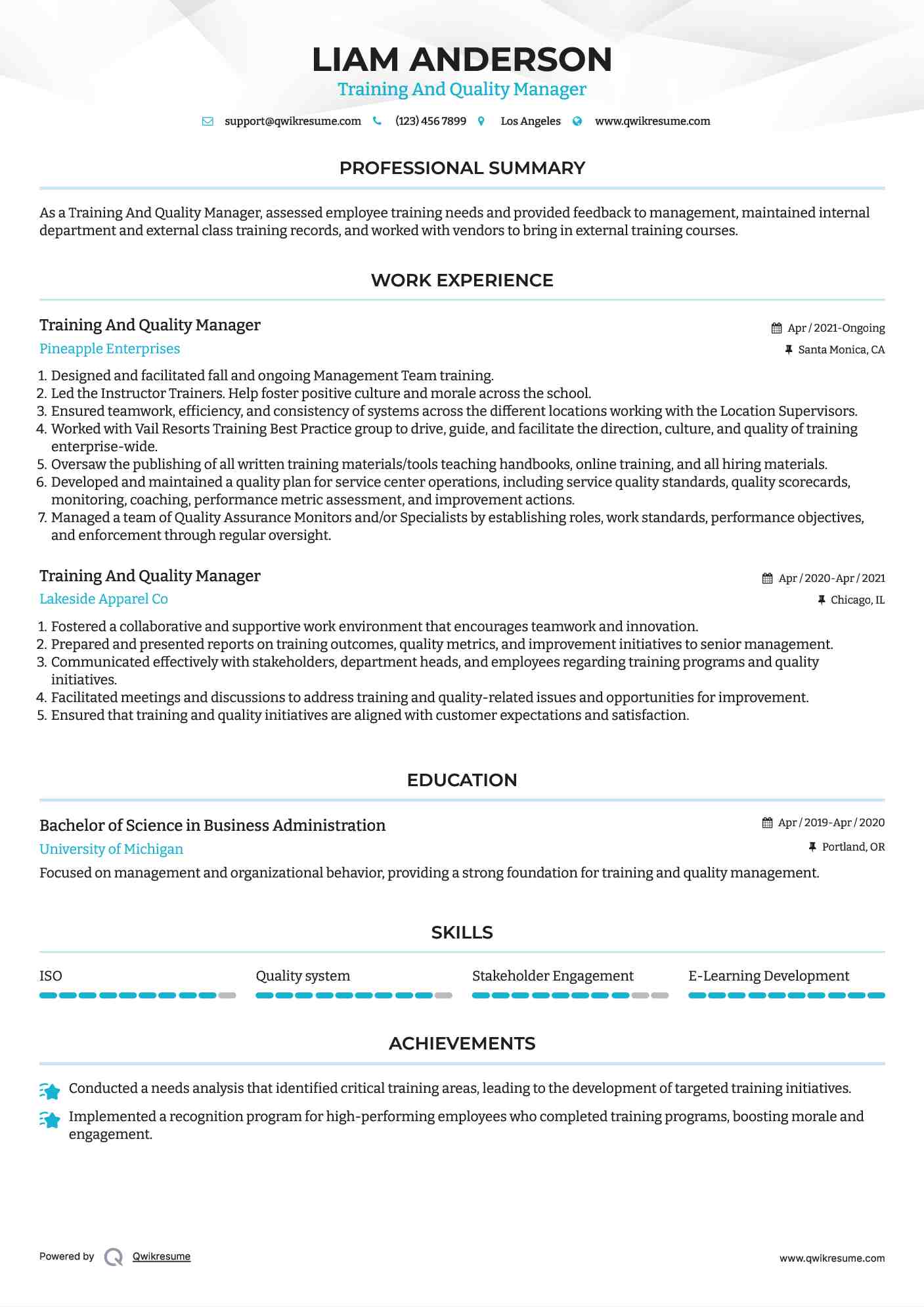 Training And Quality Manager Resume Template