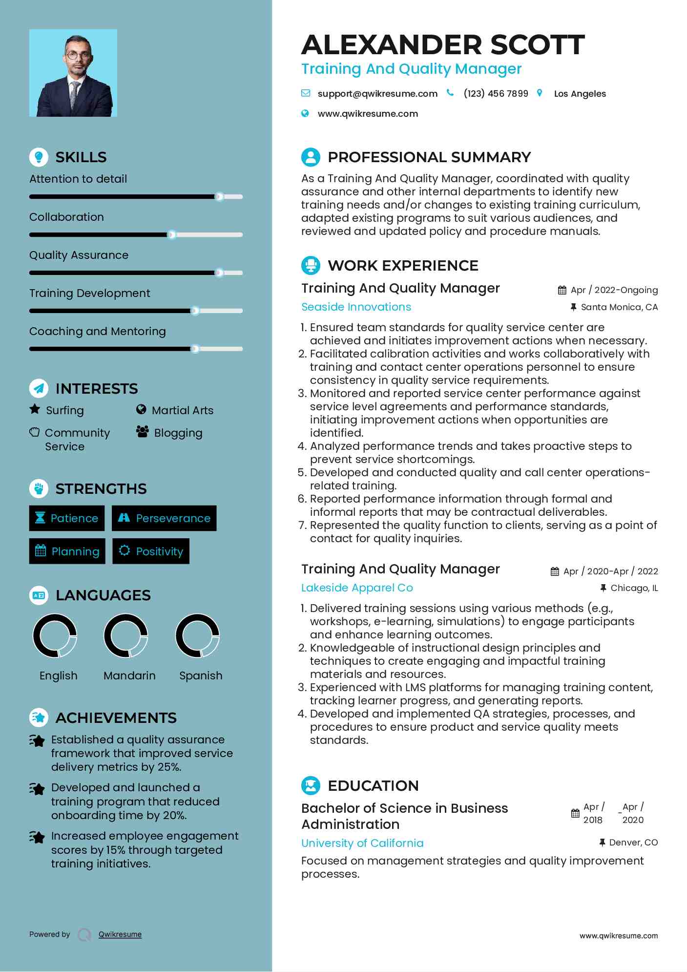 Training And Quality Manager Resume Model