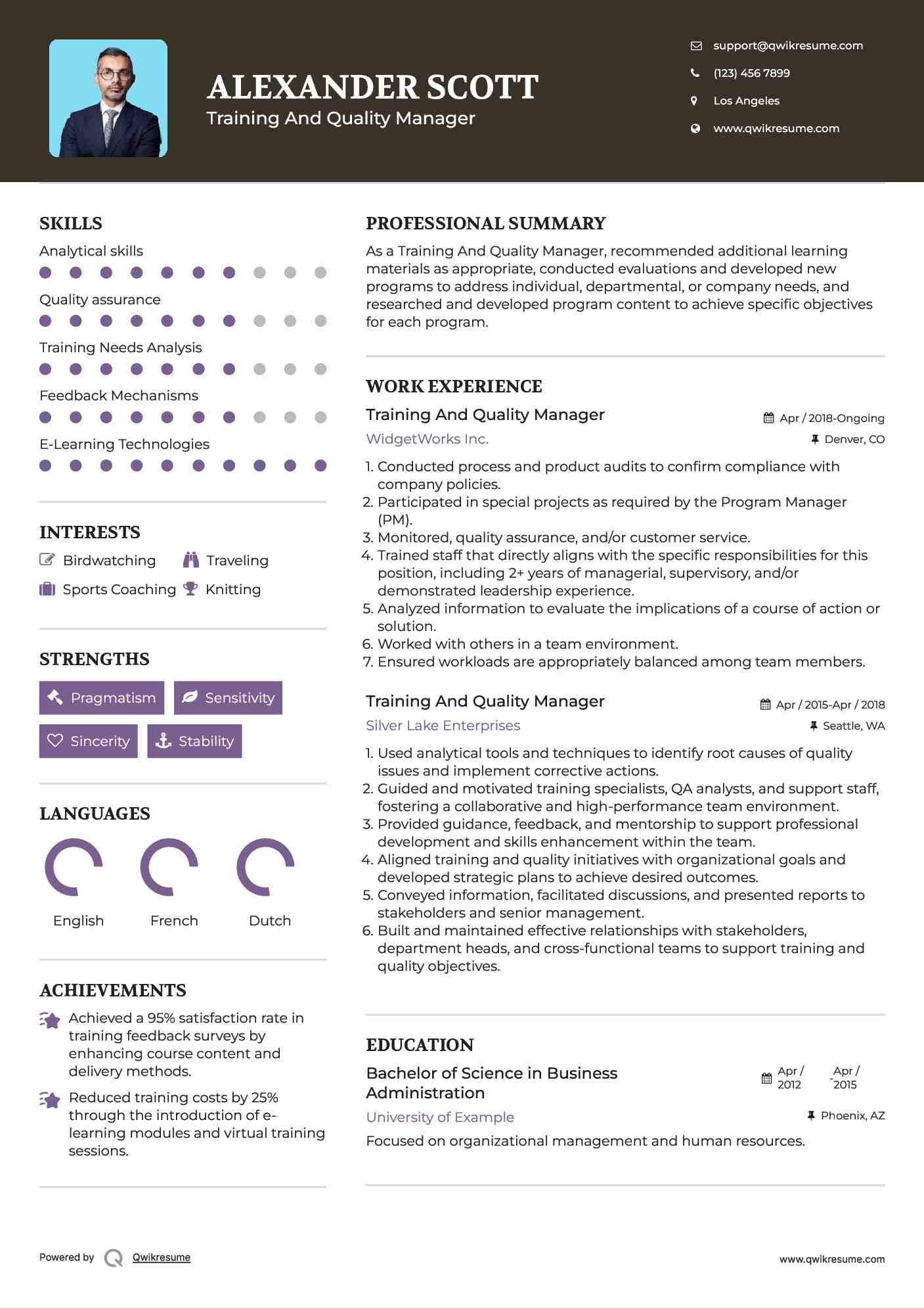 Training And Quality Manager Resume Model
