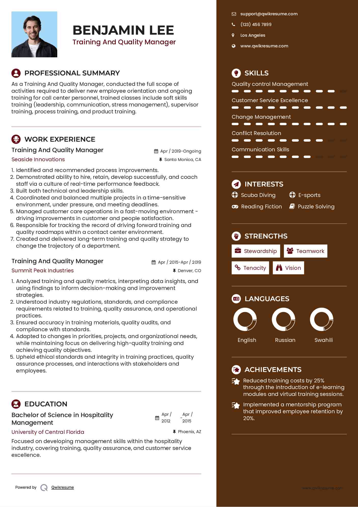 Training And Quality Manager Resume Example