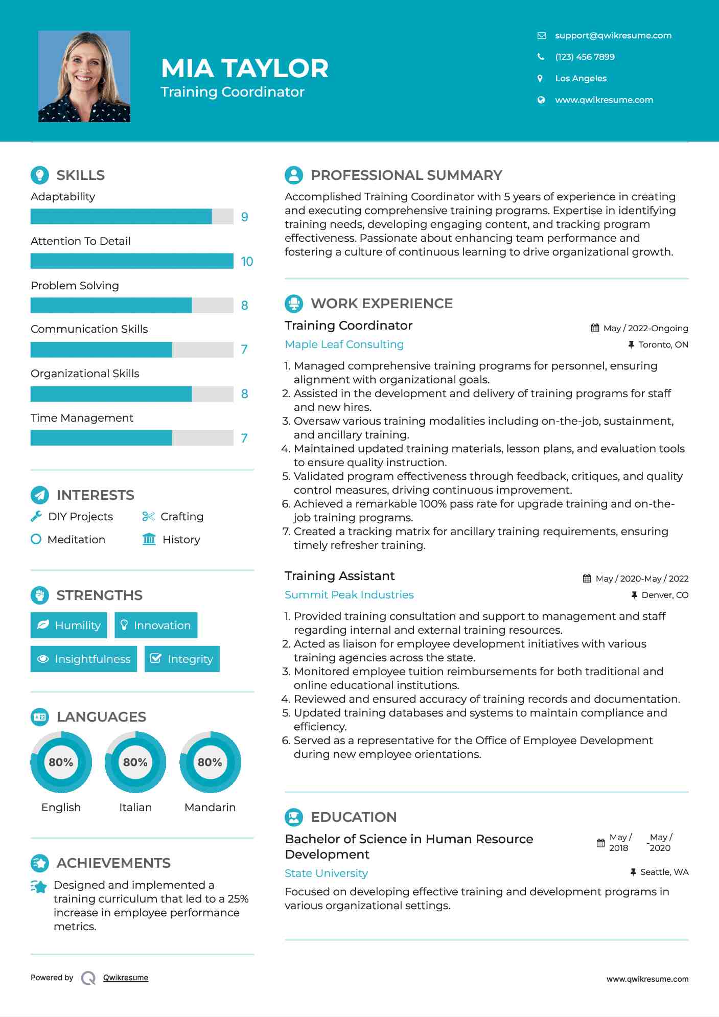 Training Coordinator Resume Sample