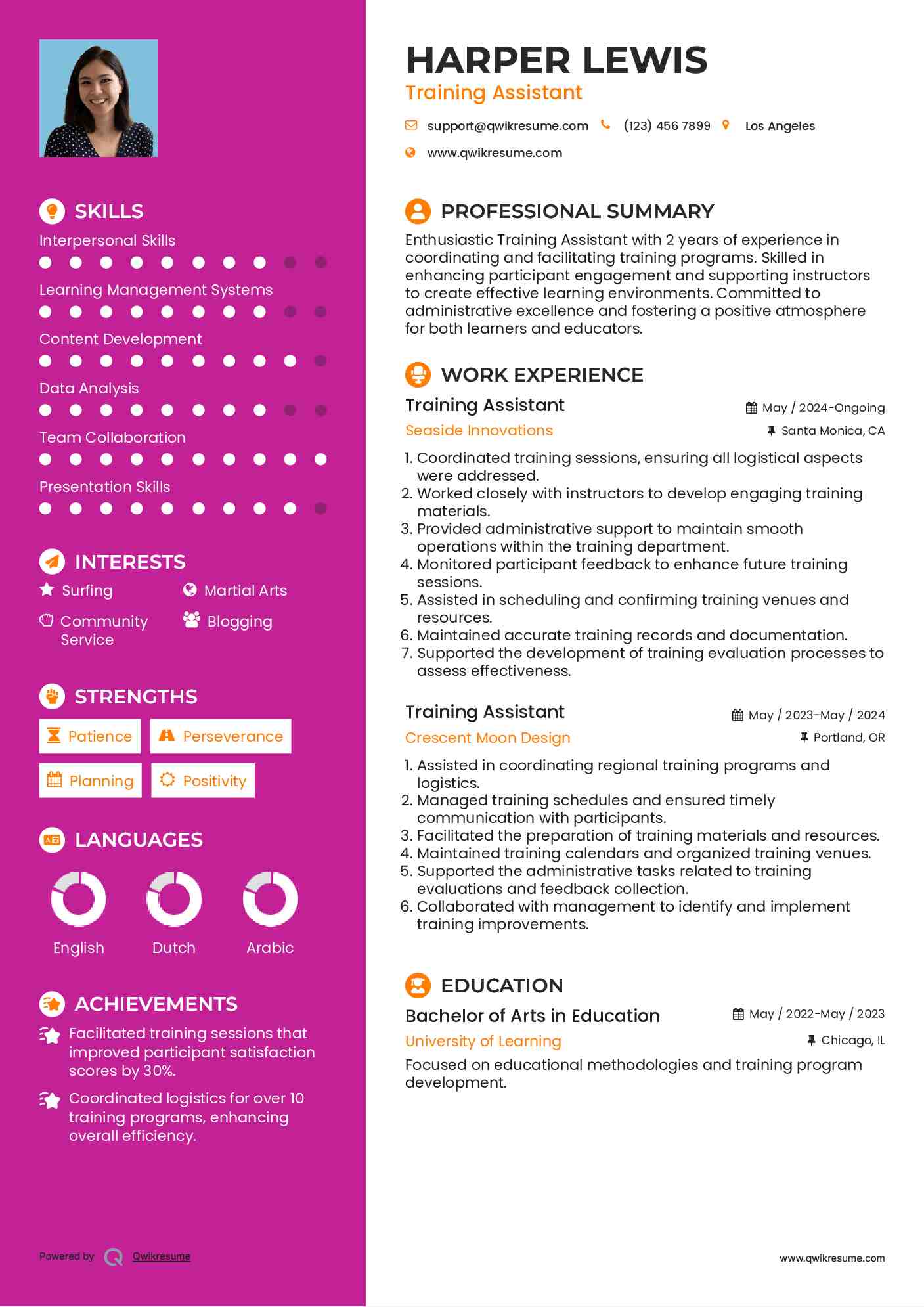 Training Assistant Resume Example