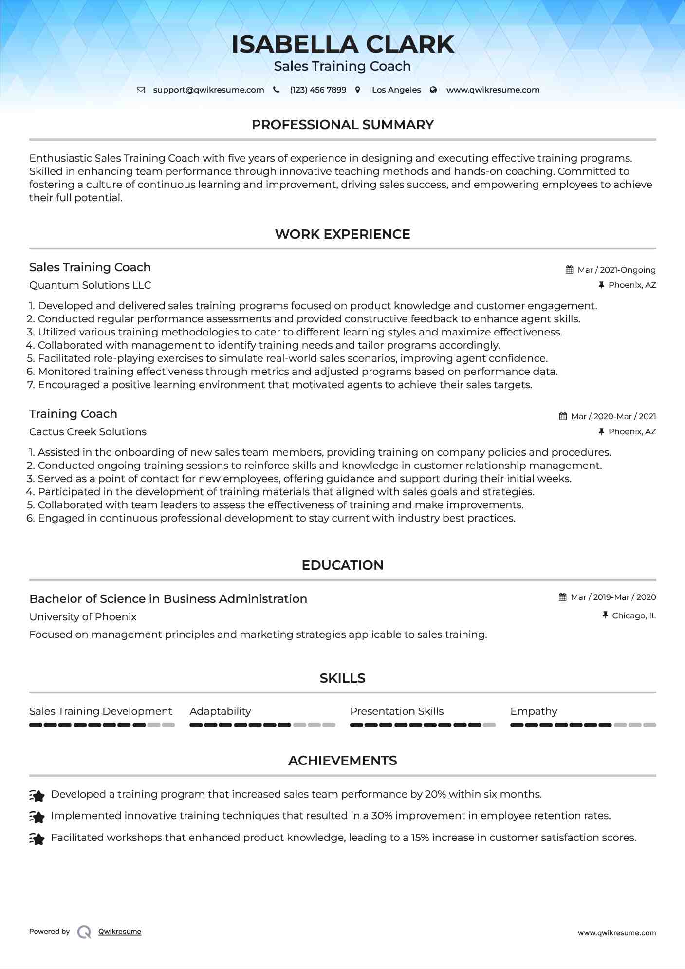 Sales Training Coach Resume Format